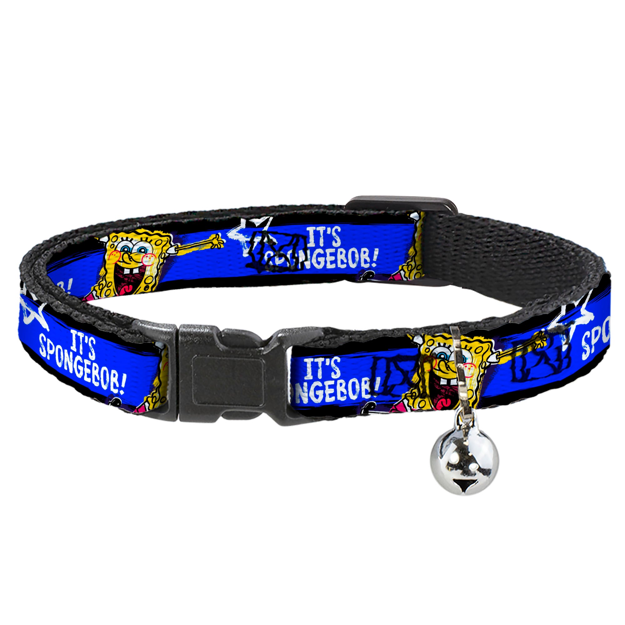 Cat Collar Breakaway with Bell - SpongeBob Pose IT'S SPONGEBOB! Stripe Black Blue White Breakaway Cat Collars SpongeBob SquarePants