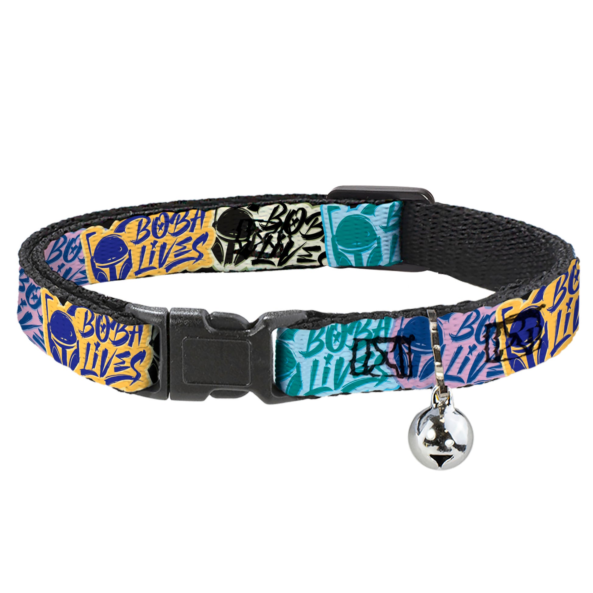 Cat Collar Breakaway with Bell - Boba Fett BOBA LIVES Graffiti Stacked Multi Color - NARROW Fits 8.5-12" Breakaway Cat Collars Star Wars
