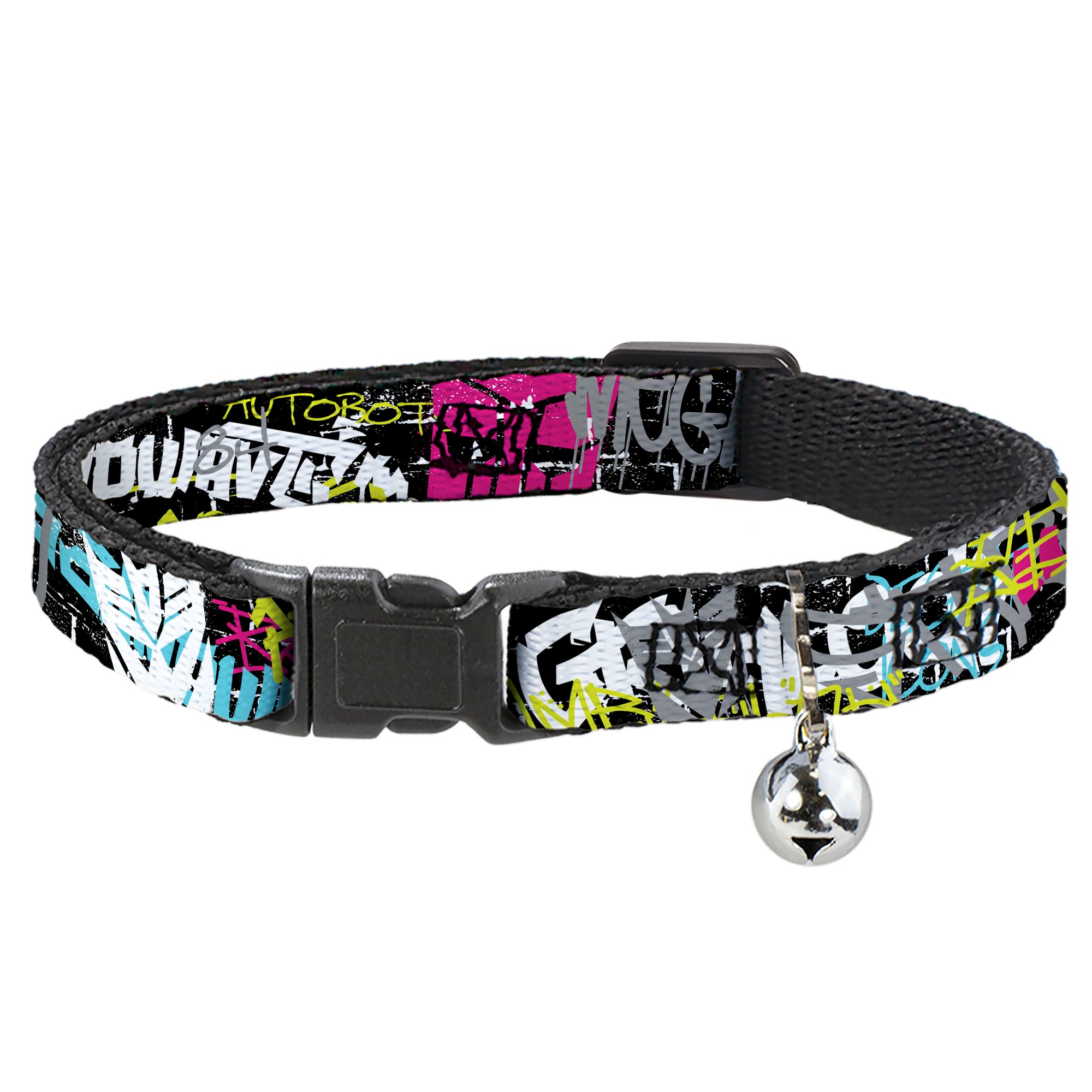 Breakaway Cat Collar with Bell - Transformers Icons and Names Graffiti Collage Black/Multi Color