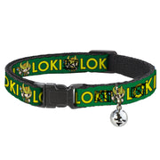 Breakaway Cat Collar with Bell - Kawaii LOKI Standing Pose/Text Green/Yellow Breakaway Cat Collars Marvel Comics