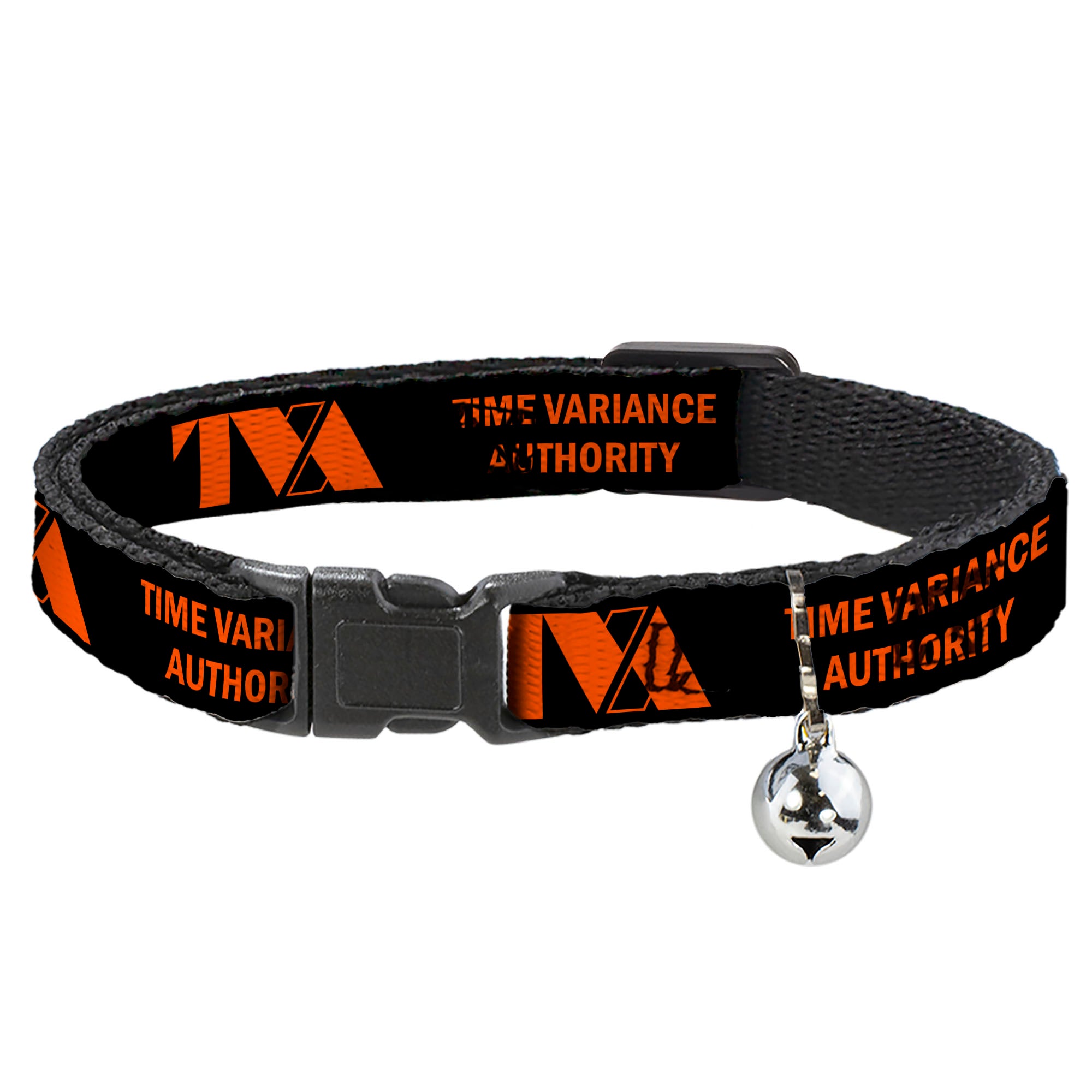 Cat Collar Breakaway with Bell - Loki Series TVA TIME VARIANCE AUTHORITY Text Black Orange - NARROW Fits 8.5-12" Breakaway Cat Collars Marvel Comics