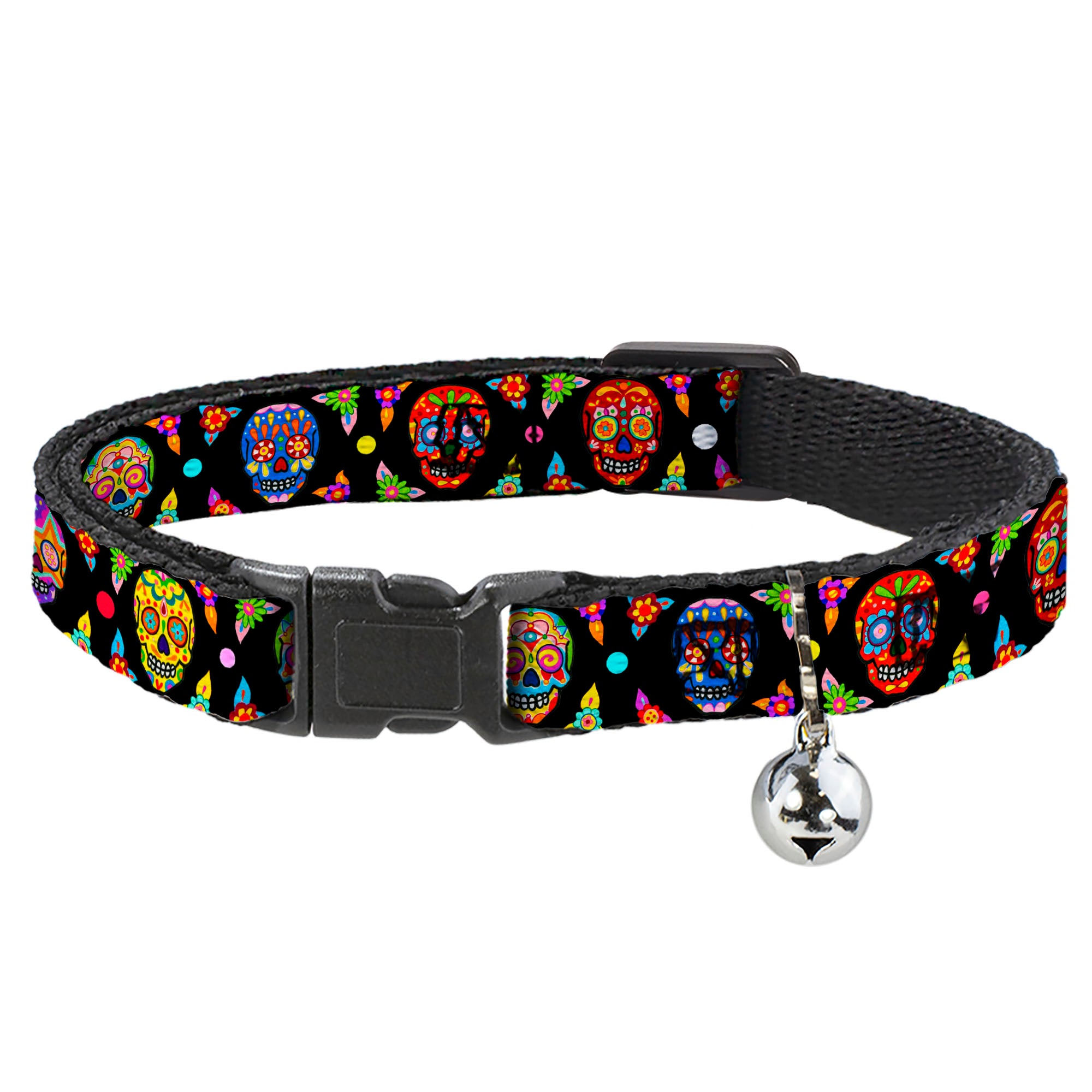 Cat Collar Breakaway with Bell - Colorful Calaveras Black Multi Color Breakaway Cat Collars Thaneeya McArdle
