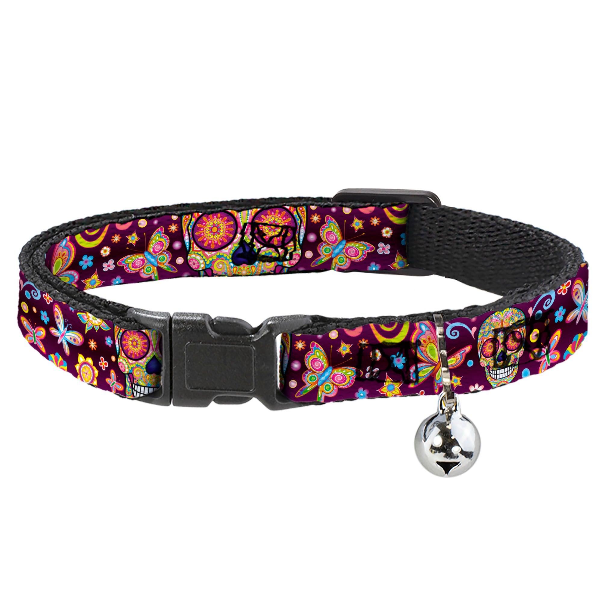 Cat Collar Breakaway with Bell - Mariposa Calaveras Butterflies Flowers Burgundy Multi Color Breakaway Cat Collars Thaneeya McArdle