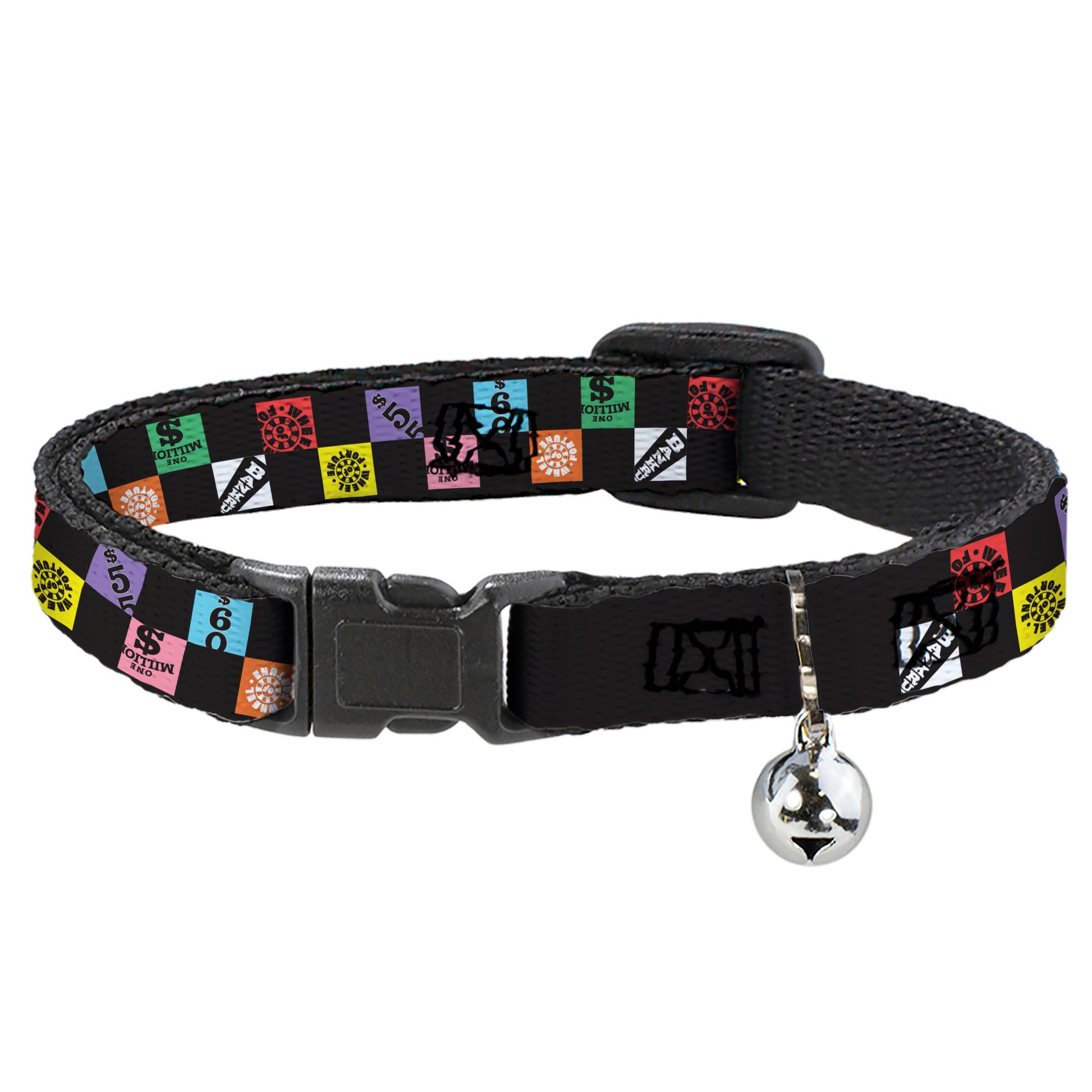 Breakaway Cat Collar with Bell - WHEEL OF FORTUNE Checker Icons Black/Multi Color Breakaway Cat Collars Wheel of Fortune