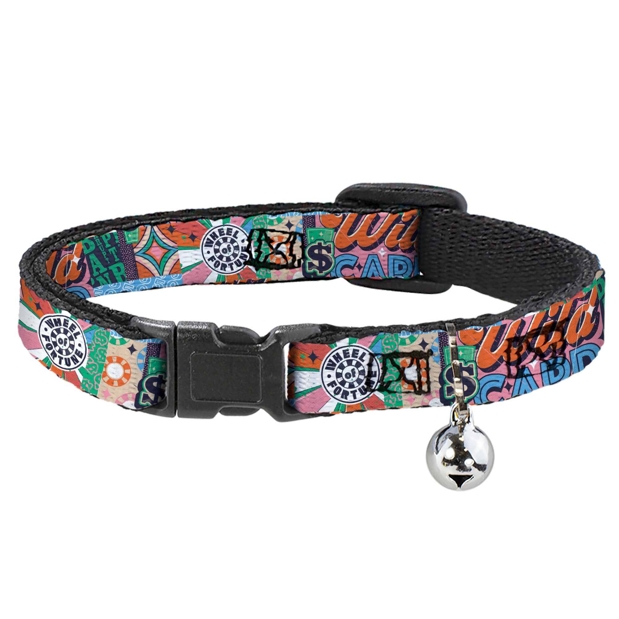 Breakaway Cat Collar with Bell - WHEEL OF FORTUNE Logo and WILD CARD Collage Multi Color Breakaway Cat Collars Wheel of Fortune