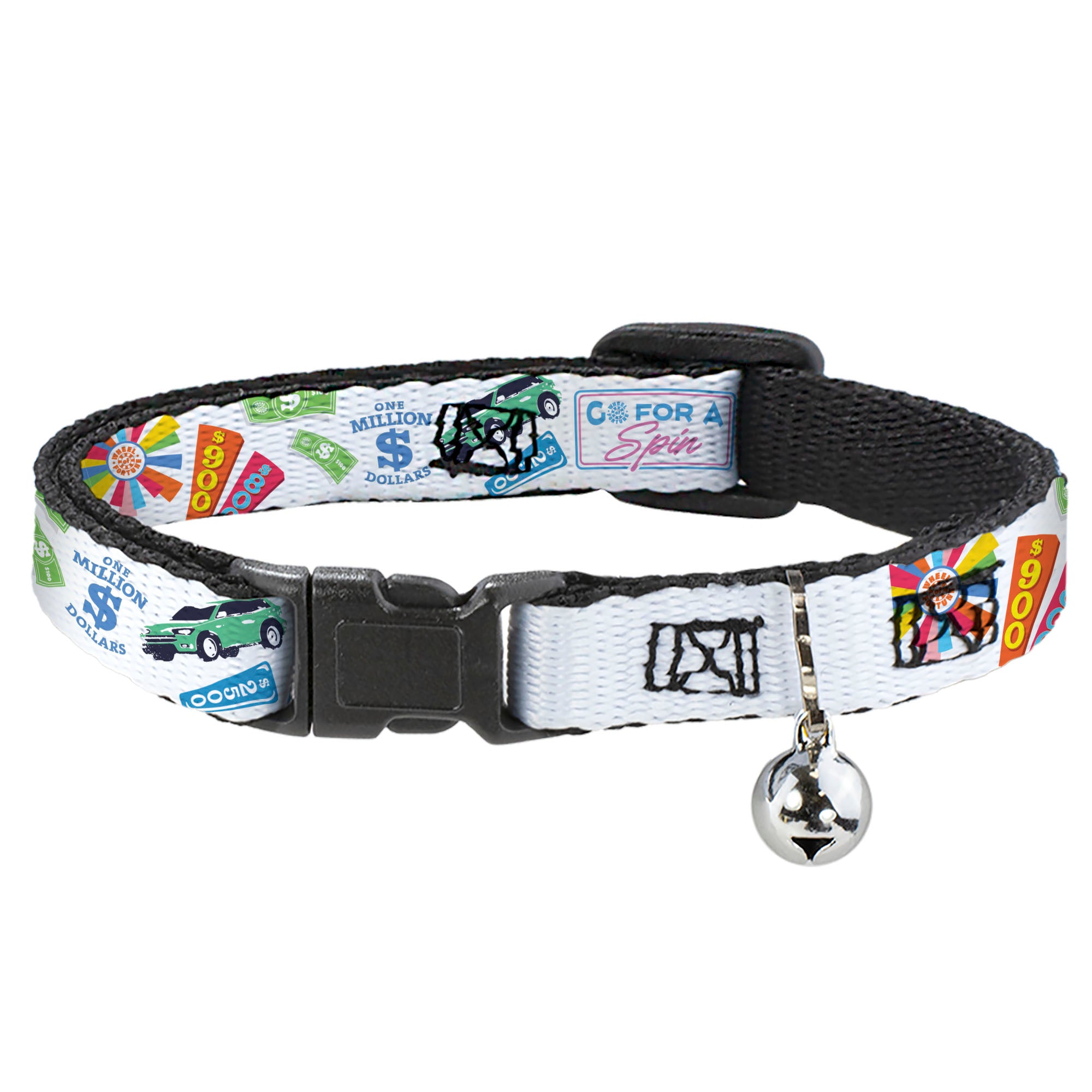 Breakaway Cat Collar with Bell - Wheel of Fortune GO FOR A SPIN Prize Collage White/Multi Color Breakaway Cat Collars Wheel of Fortune