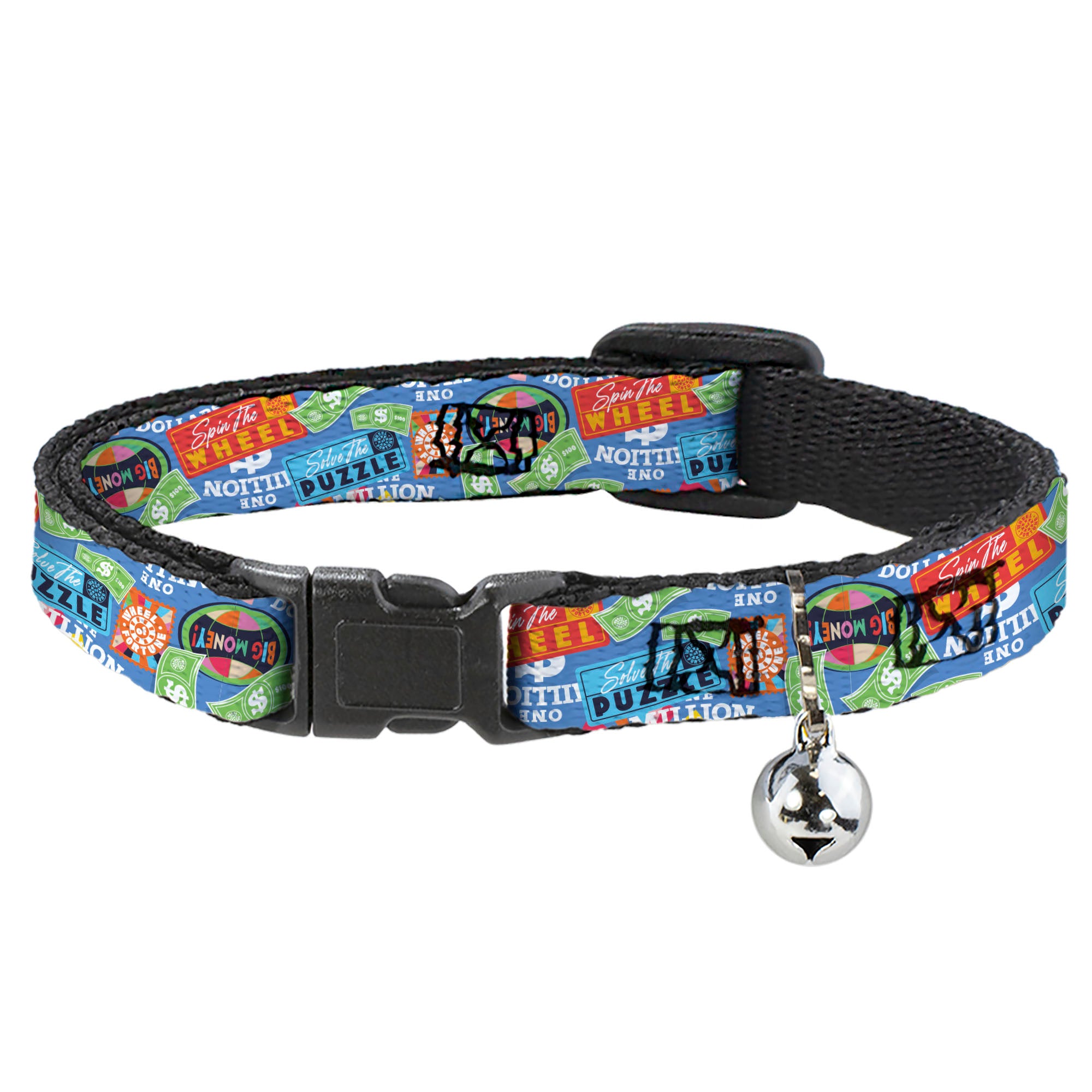 Breakaway Cat Collar with Bell - Wheel of Fortune Quotes and Prizes Collage Blue/Multi Color Breakaway Cat Collars Wheel of Fortune