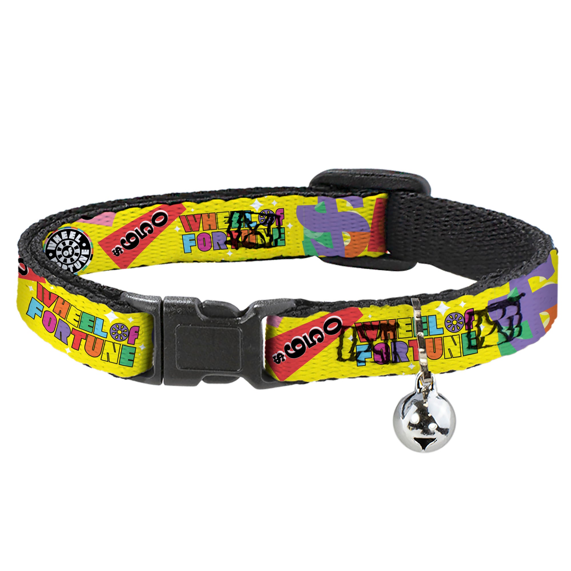 Breakaway Cat Collar with Bell - WHEEL OF FORTUNE Test and Wedge Collage Yellow/Multi Color Breakaway Cat Collars Wheel of Fortune