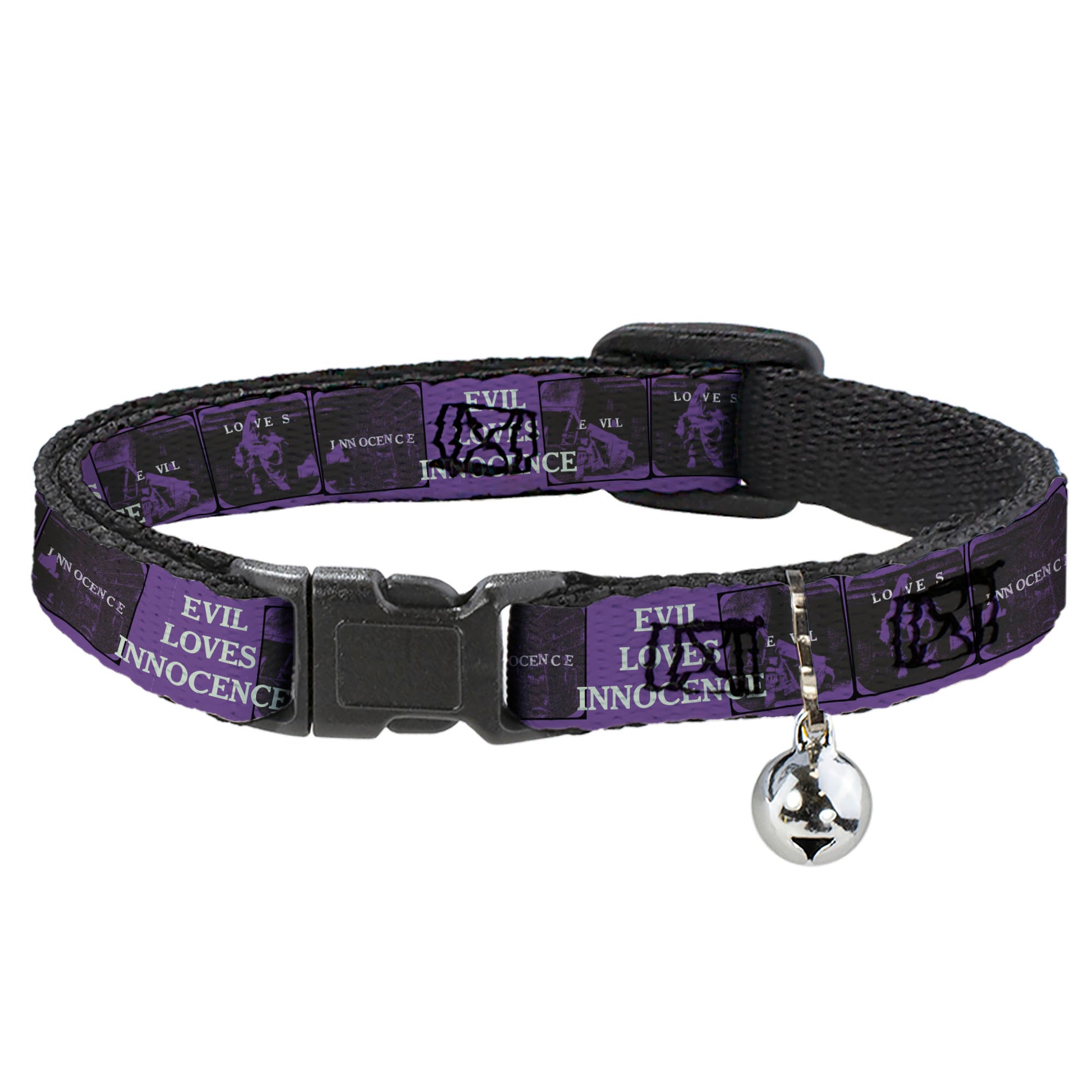 Breakaway Cat Collar with Bell - The Conjuring EVIL LOVES INNOCENCE Pose Blocks Purple/Black Breakaway Cat Collars The Conjuring