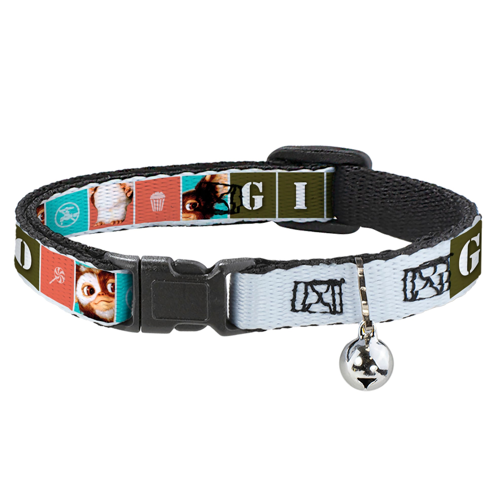 Breakaway Cat Collar with Bell - Gremlins GIZMO Text and Pose Blocks White/Multi Color Breakaway Cat Collars Gremlins