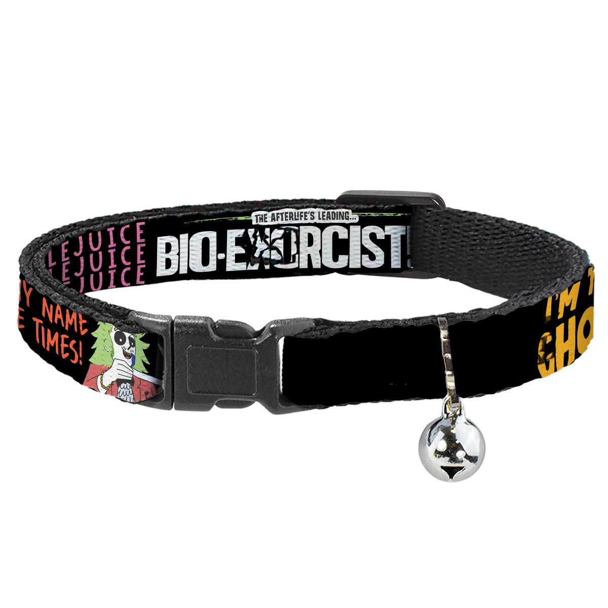 Breakaway Cat Collar with Bell - BEETLEJUICE Cartoon Quotes and Scene Black/Multi Color Cat Collars Breakaway Side Release Beetlejuice