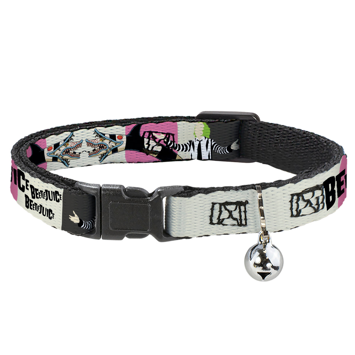 Breakaway Cat Collar with Bell - BEETLEJUICE Pose and Sandworm Stripe White/Pink/Gray Cat Collars Breakaway Side Release Beetlejuice