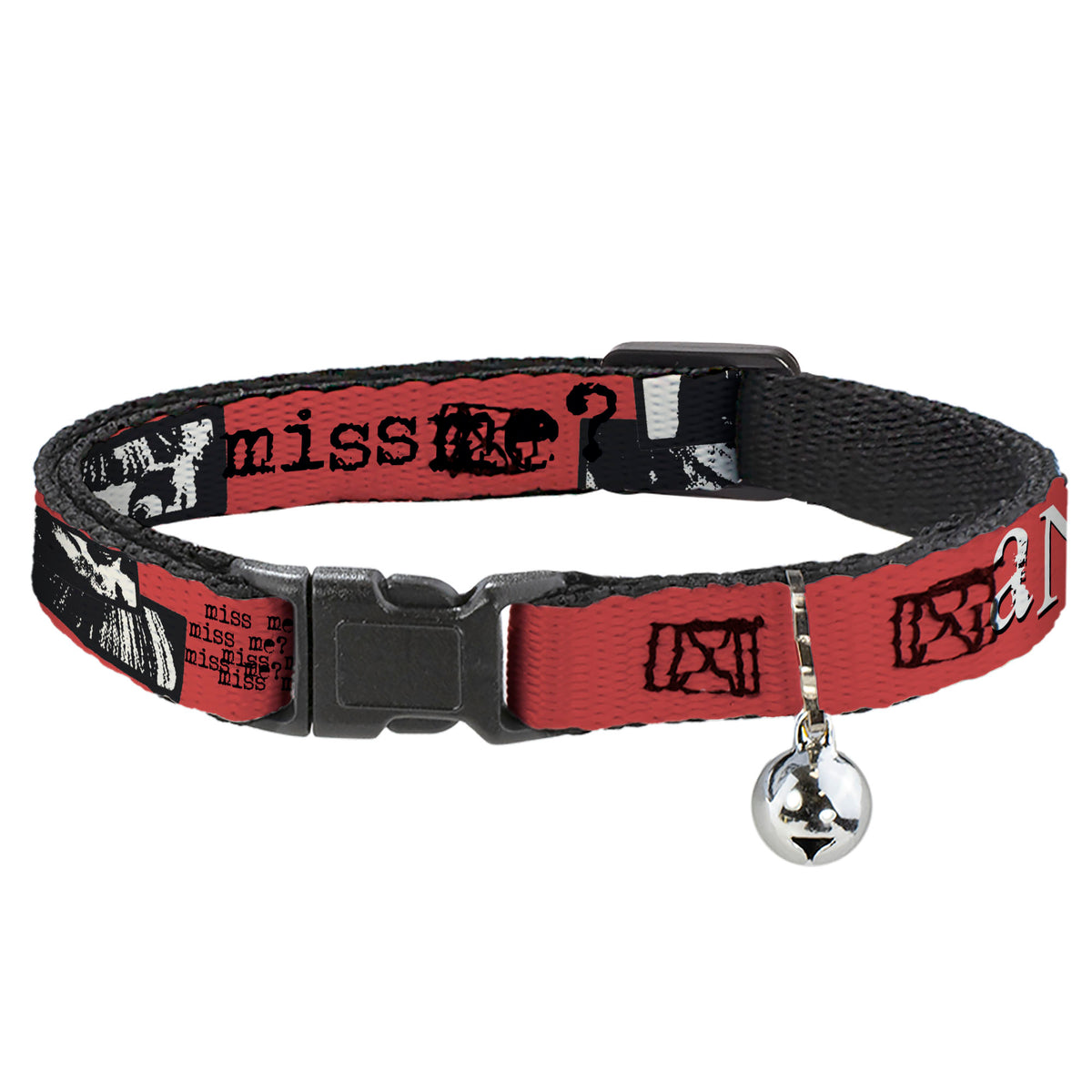 Breakaway Cat Collar with Bell - ANNABELLE MISS ME Eyes and Text Red/Black/White Cat Collars Breakaway Side Release Annabelle