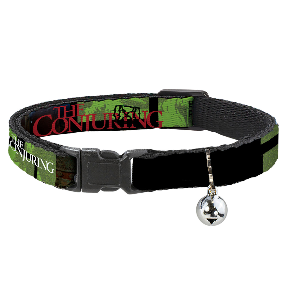 Breakaway Cat Collar with Bell - THE CONJURING Annabelle Pose and Blocks Black/Greens/Red