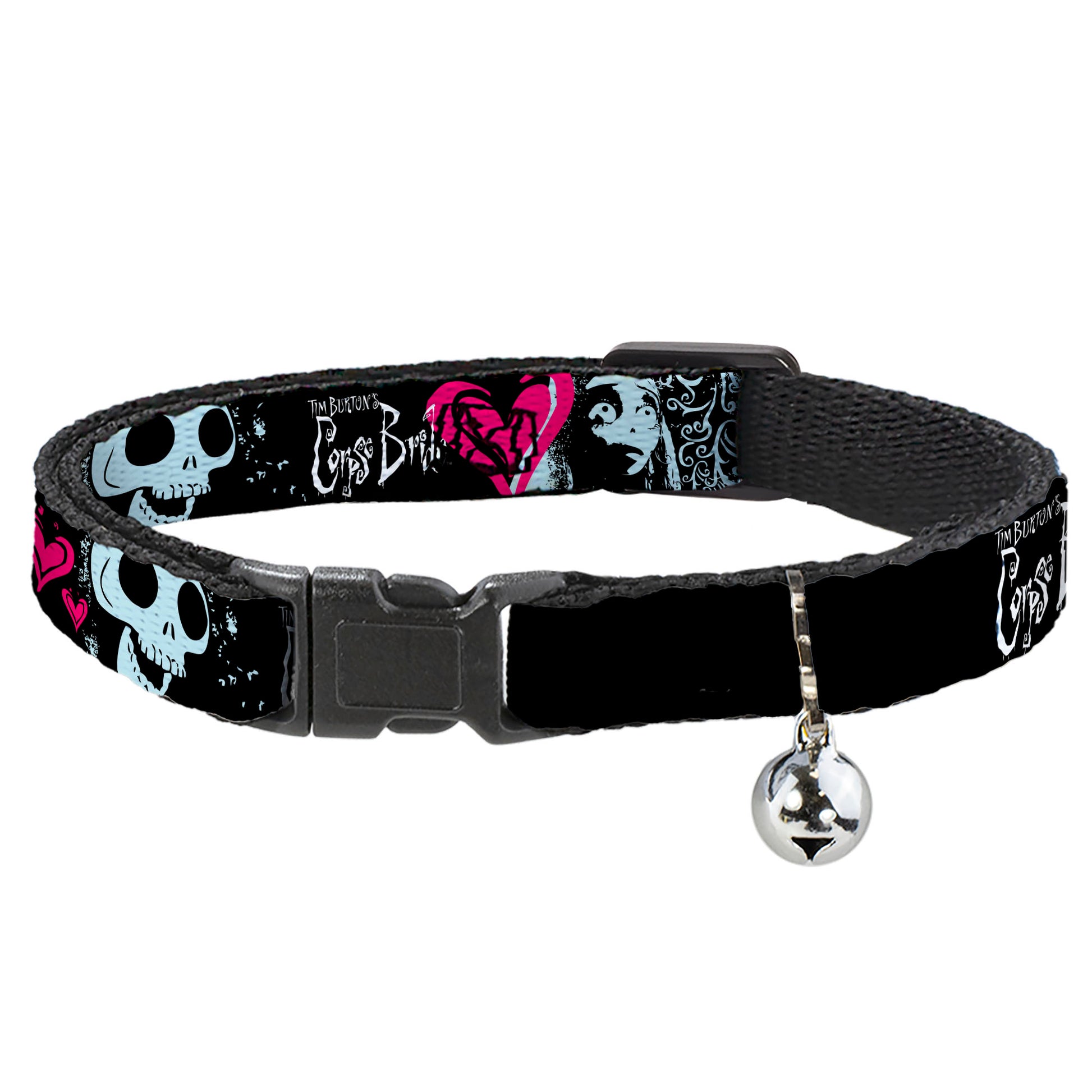 Breakaway Cat Collar with Bell - CORPSE BRIDE Emily Hearts and Skull Black/Gray/Pink Breakaway Cat Collars Corpse Bride