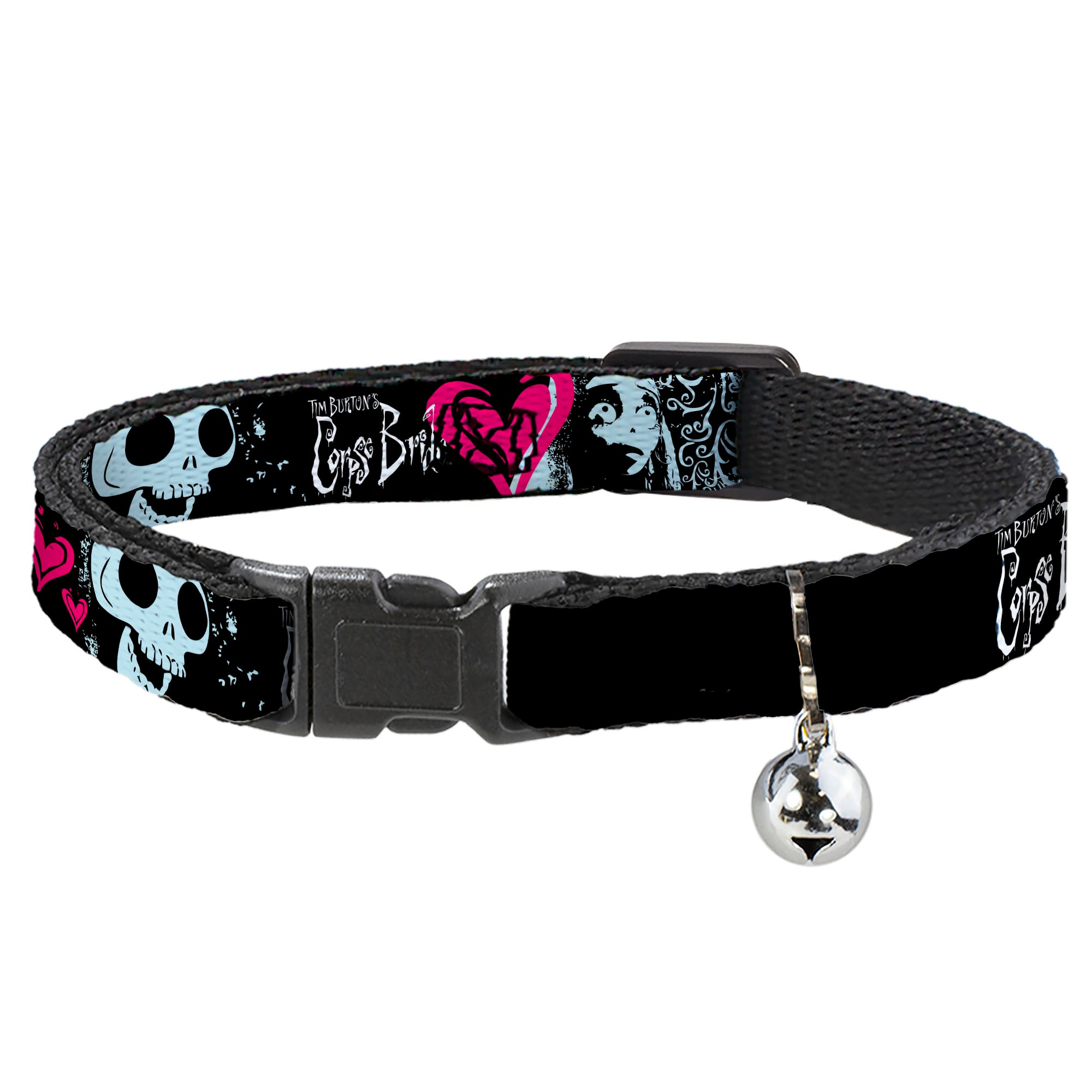 Breakaway Cat Collar with Bell - CORPSE BRIDE Emily Hearts and Skull Black/Gray/Pink Breakaway Cat Collars Corpse Bride