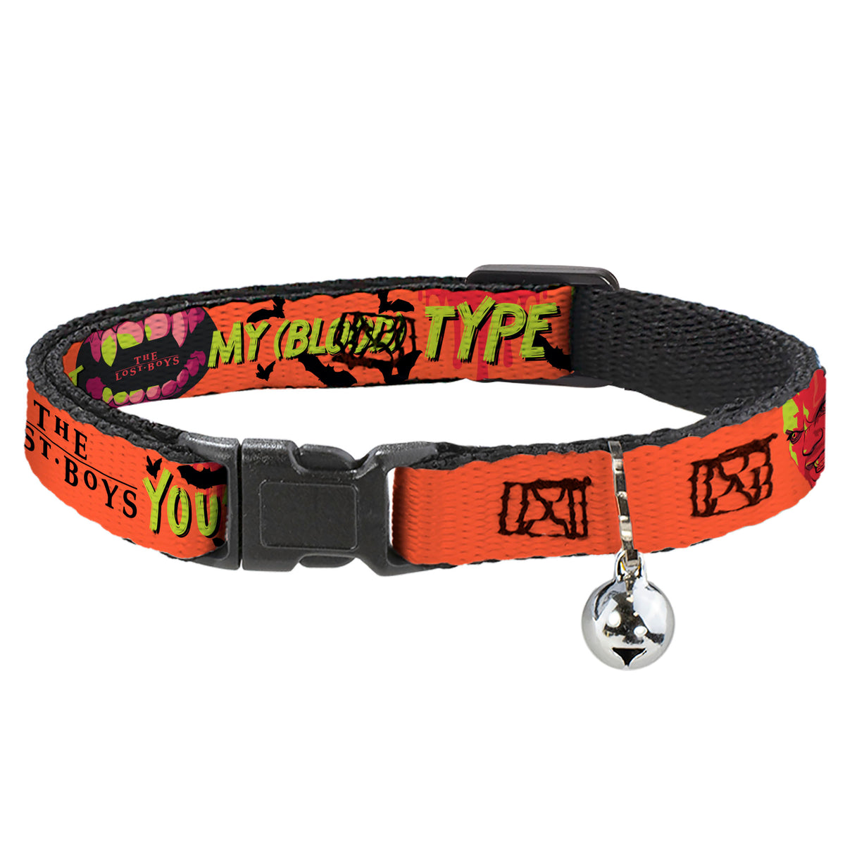 Breakaway Cat Collar with Bell - The Lost Boys YOU'RE JUST MY BLOOD TYPE David Pose Orange/Black Cat Collars Breakaway Side Release The Lost Boys