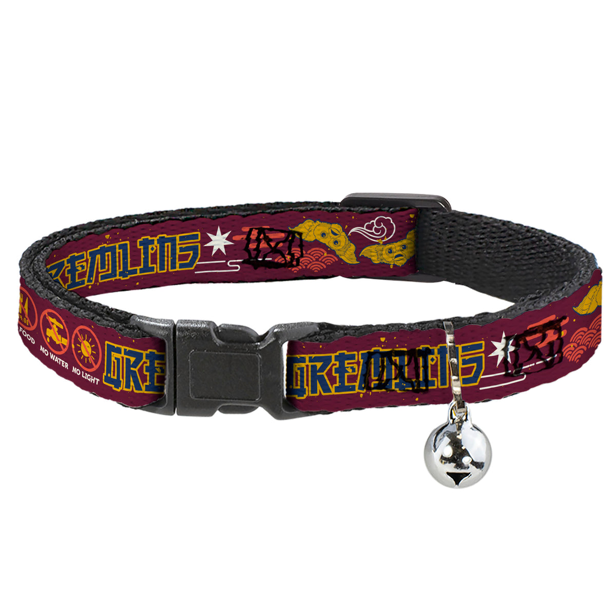 Breakaway Cat Collar with Bell - GREMLINS Care Rules Anime Style Collage Burgundy/Multi Color Cat Collars Breakaway Side Release Gremlins