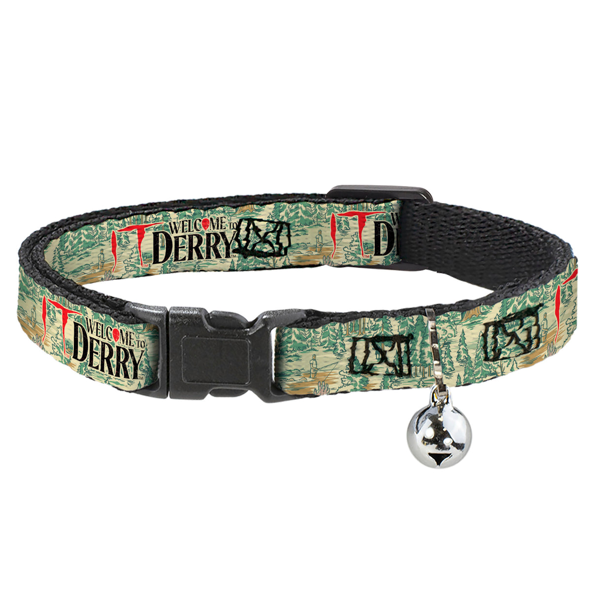 Breakaway Cat Collar with Bell - IT WELCOME TO DERRY Forest Scenery and Title Logo Beige/Greens Cat Collars Breakaway Side Release IT