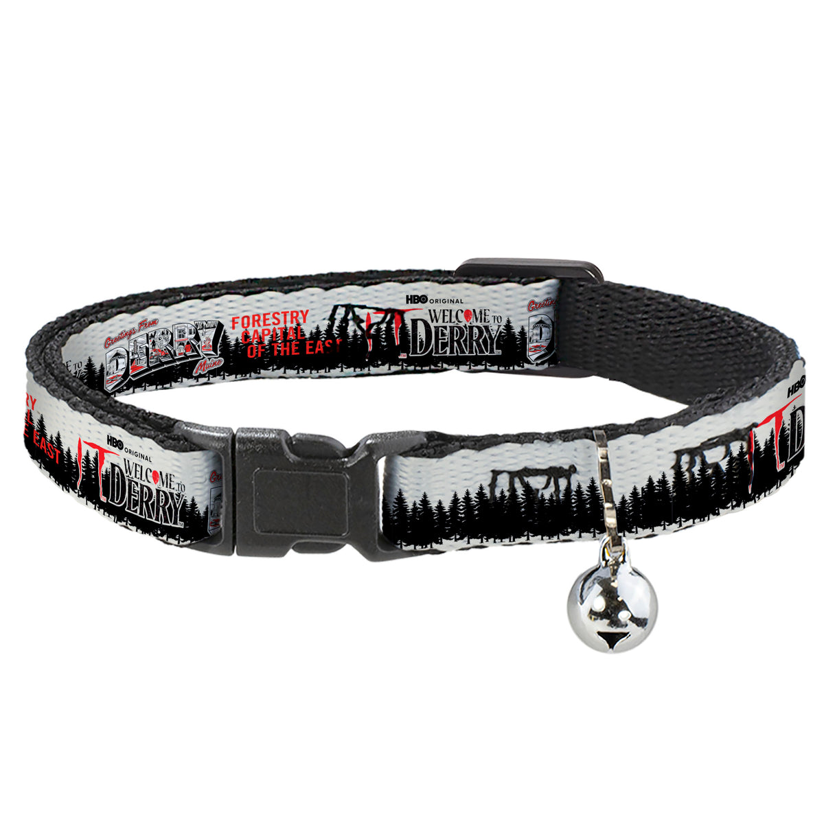 Breakaway Cat Collar with Bell - IT WELCOME TO DERRY Icons and Forest Scenery White/Black/Red Breakaway Cat Collars IT