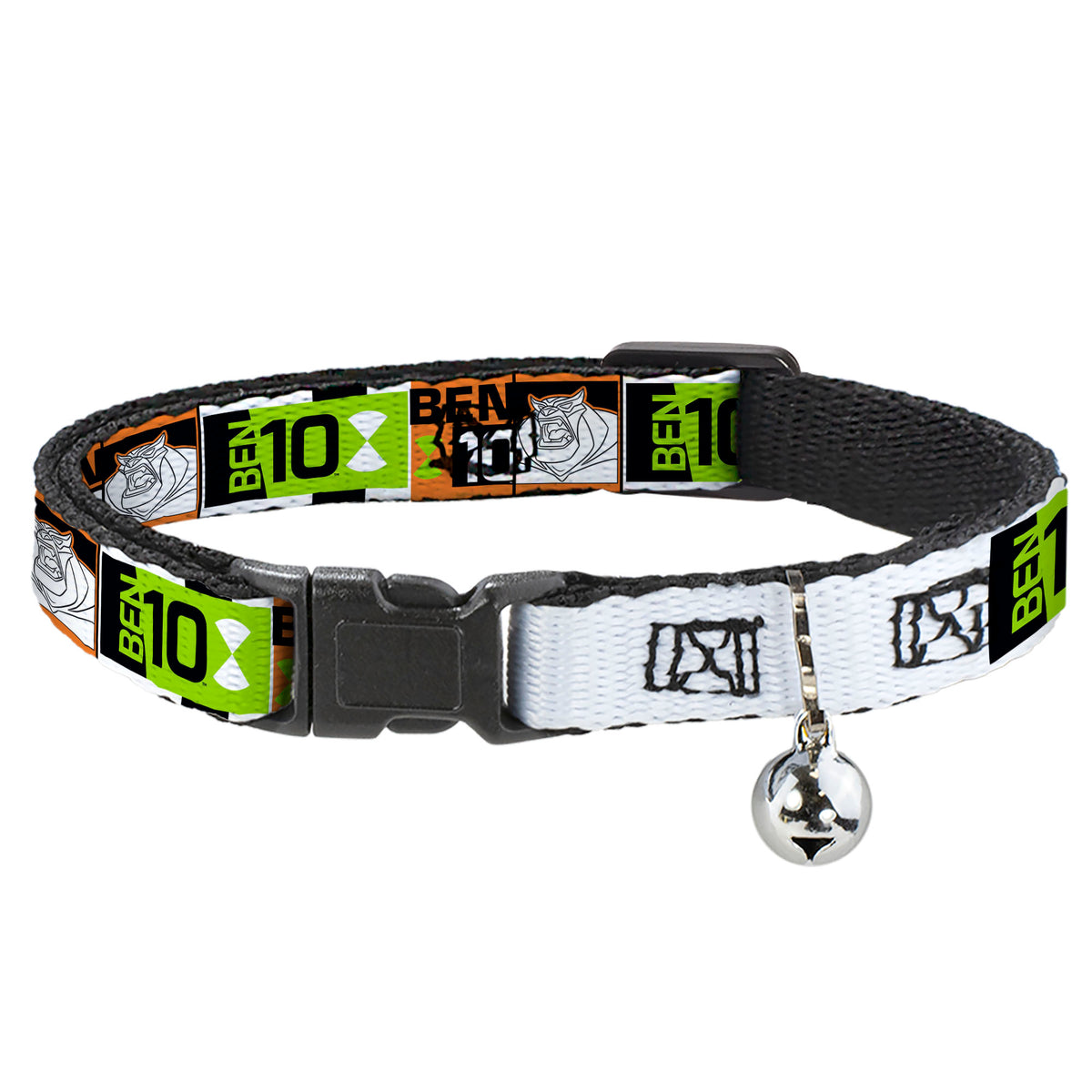 Breakaway Cat Collar with Bell - BEN 10 Rath and Title Logo Blocks Orange/Green/Black/White Cat Collars Breakaway Side Release Ben 10