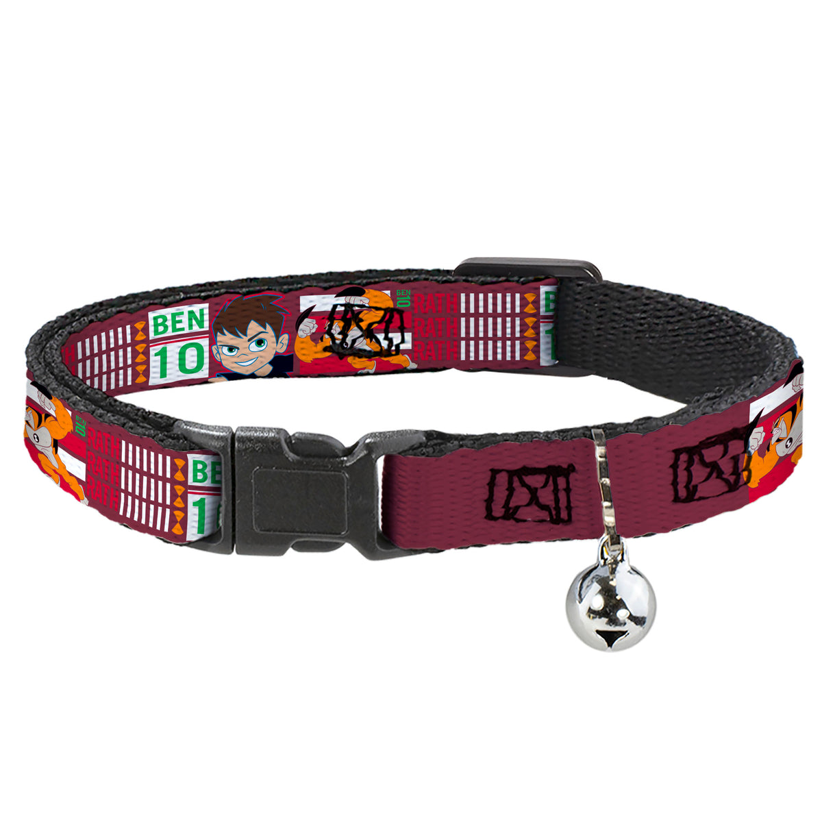 Breakaway Cat Collar with Bell - BEN 10 and RATH Text and Poses Reds/White Breakaway Cat Collars Ben 10