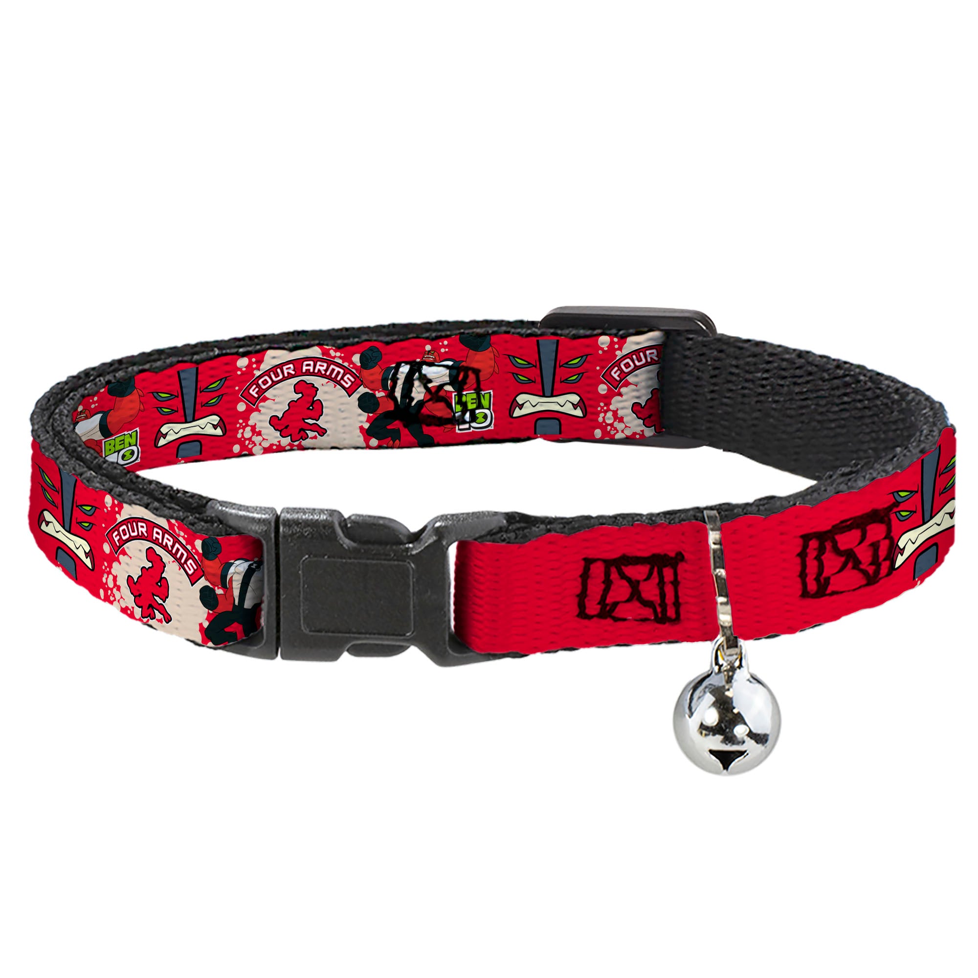 Breakaway Cat Collar with Bell - BEN 10 FOUR ARMS Poses and Text Red/Grays Breakaway Cat Collars Ben 10