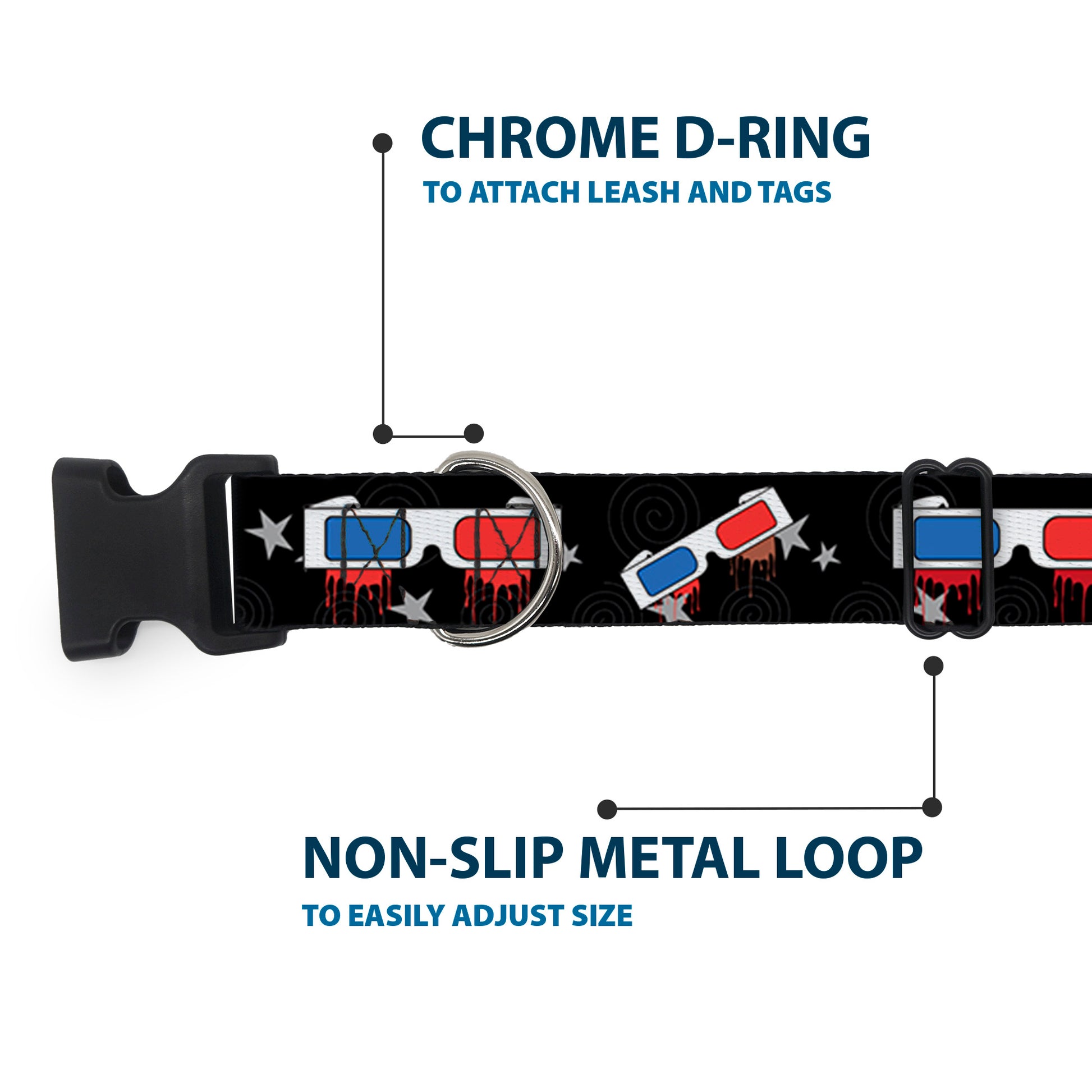 Plastic Clip Collar - 3-D Glasses Dripping w/Stars Plastic Clip Collars Buckle-Down