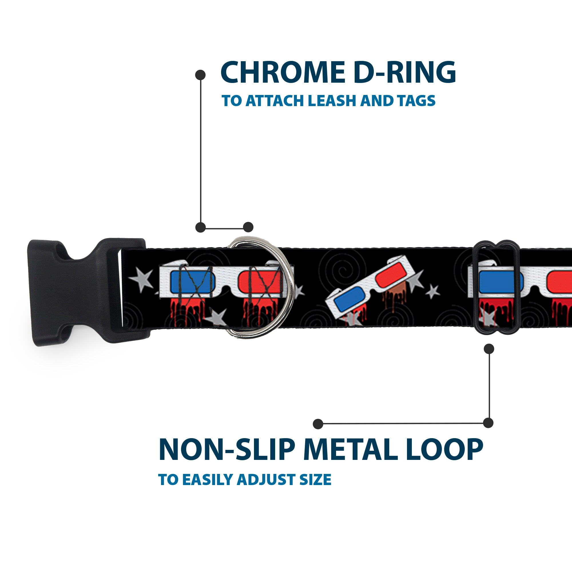 Plastic Clip Collar - 3-D Glasses Dripping w/Stars Plastic Clip Collars Buckle-Down