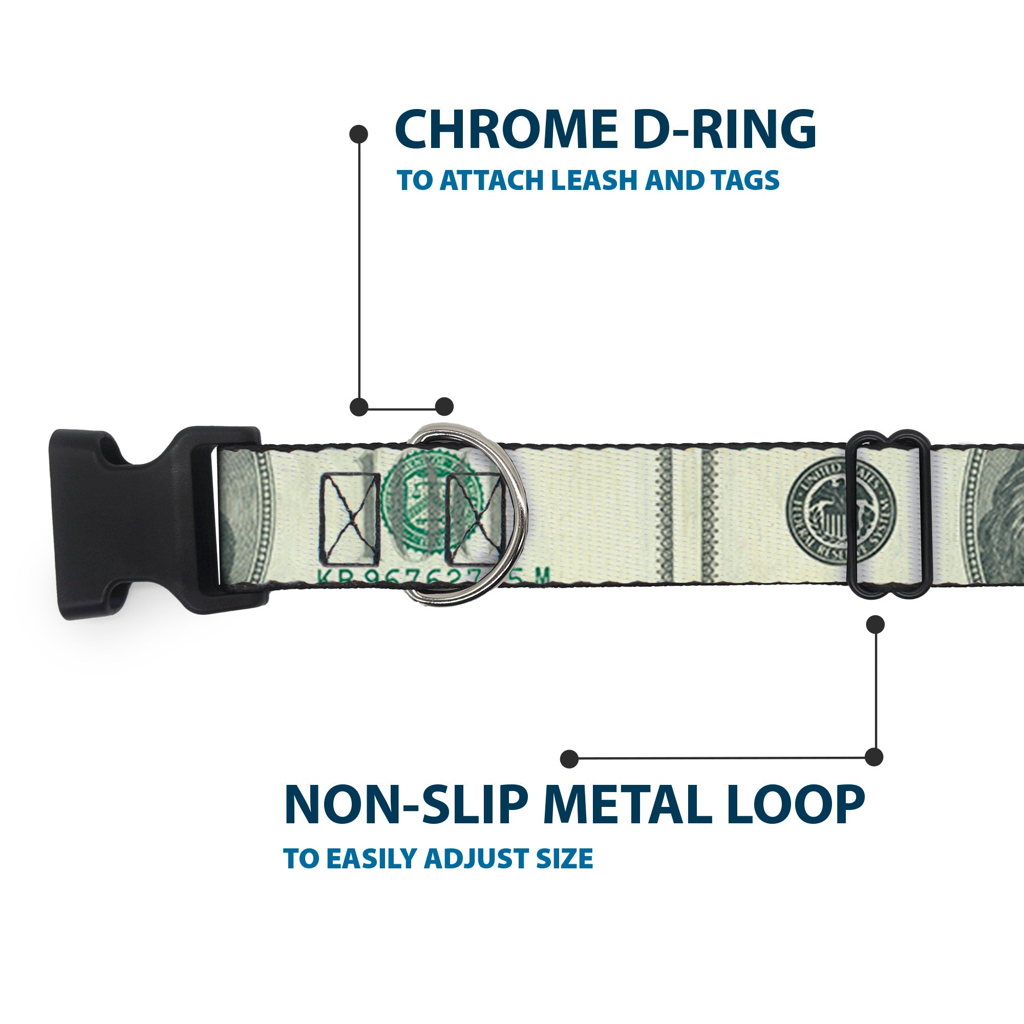 Plastic Clip Collar - 100 Dollar Bill CLOSE-UP Plastic Clip Collars Buckle-Down