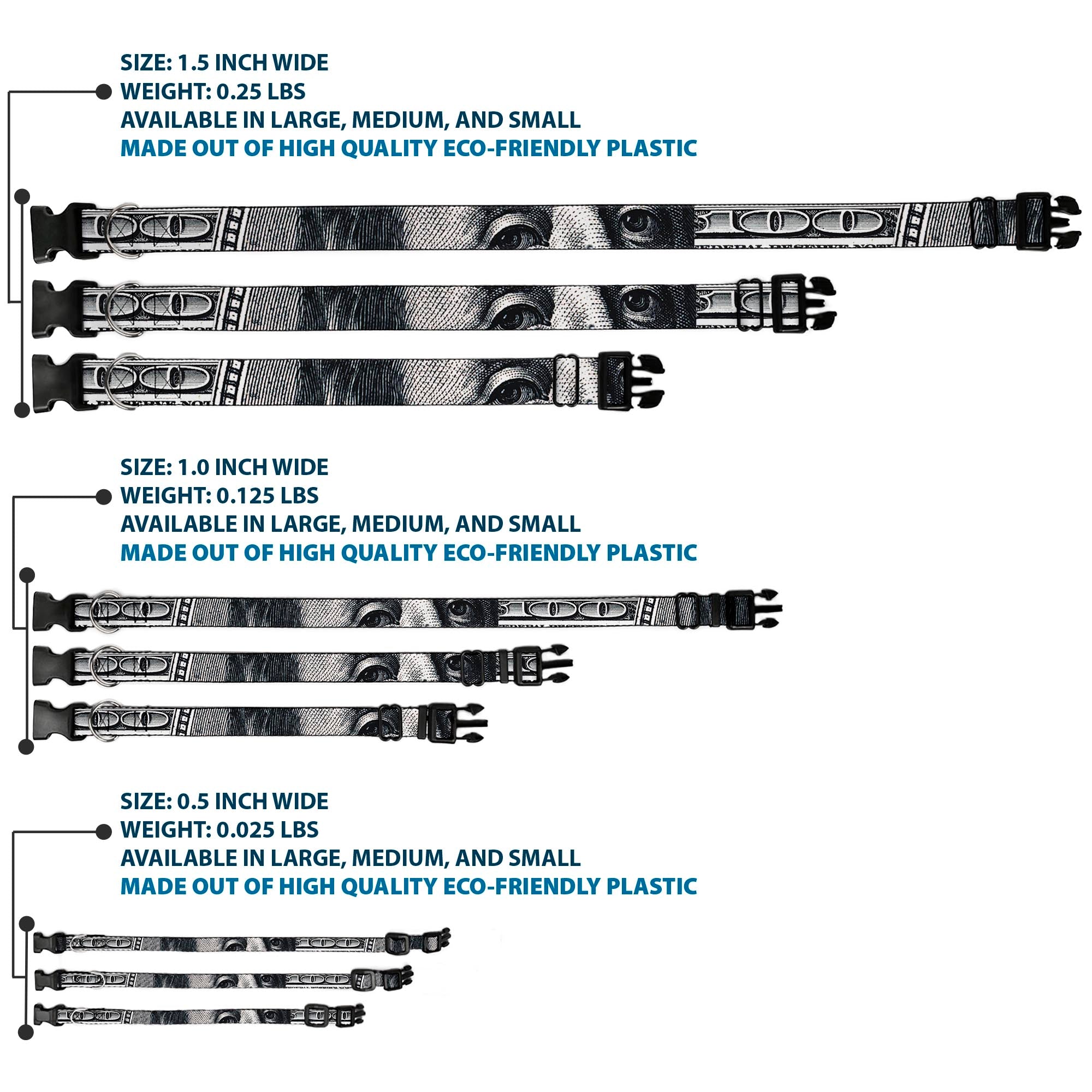 Plastic Clip Collar - 100 Dollar Bill CLOSE-UP White/Black Plastic Clip Collars Buckle-Down