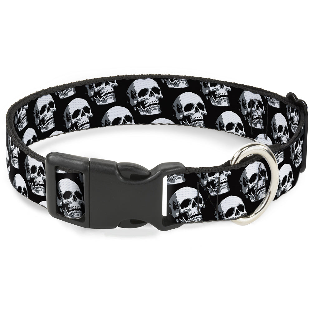 Plastic Clip Collar - 3-D Skulls Repeat Black/Grays/White Plastic Clip Collars Buckle-Down