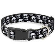 Plastic Clip Collar - 3-D Skulls Repeat Black/Grays/White Plastic Clip Collars Buckle-Down