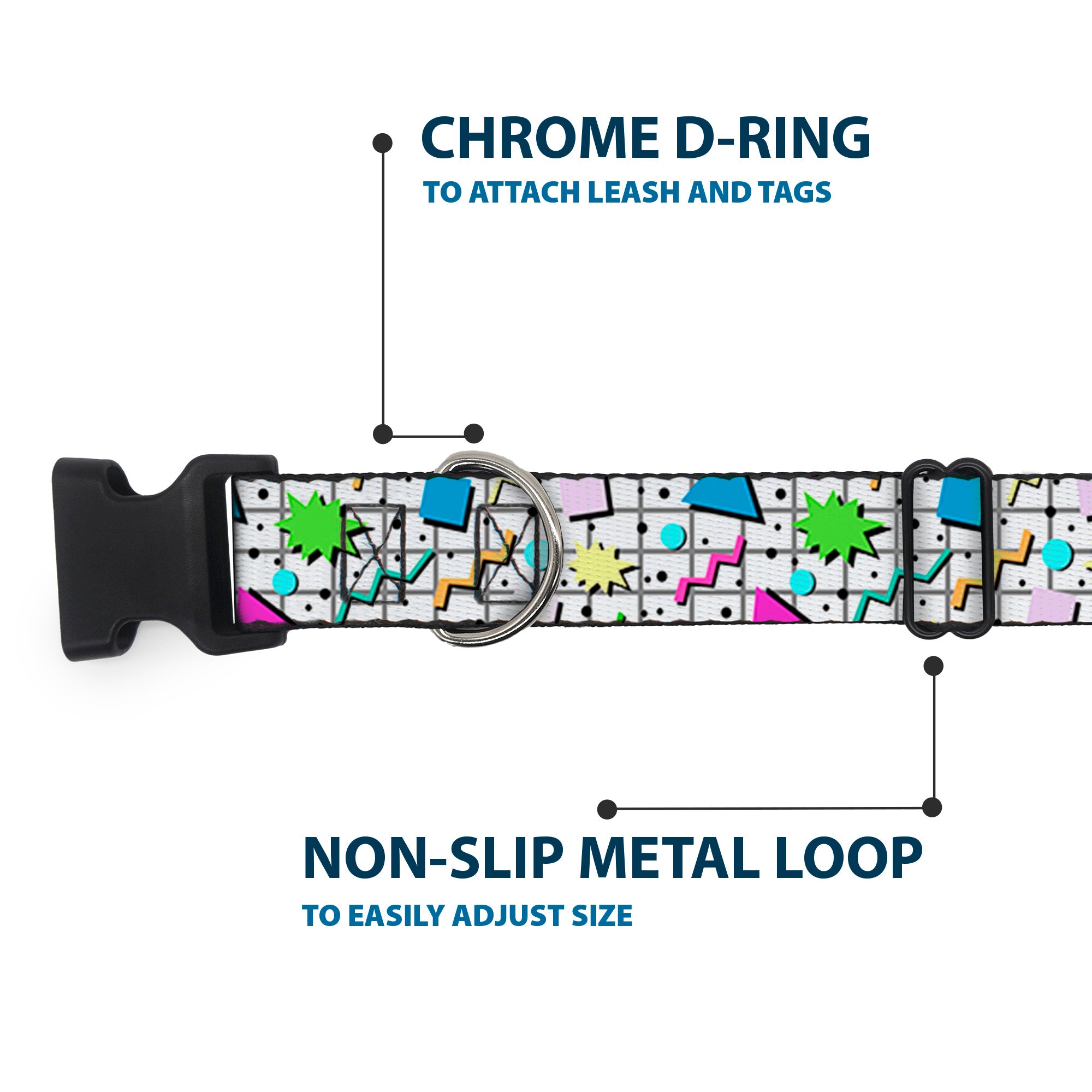 Plastic Clip Collar - 90s Nineties Grid Pattern Vibrant Gray/Multi Color Plastic Clip Collars Buckle-Down