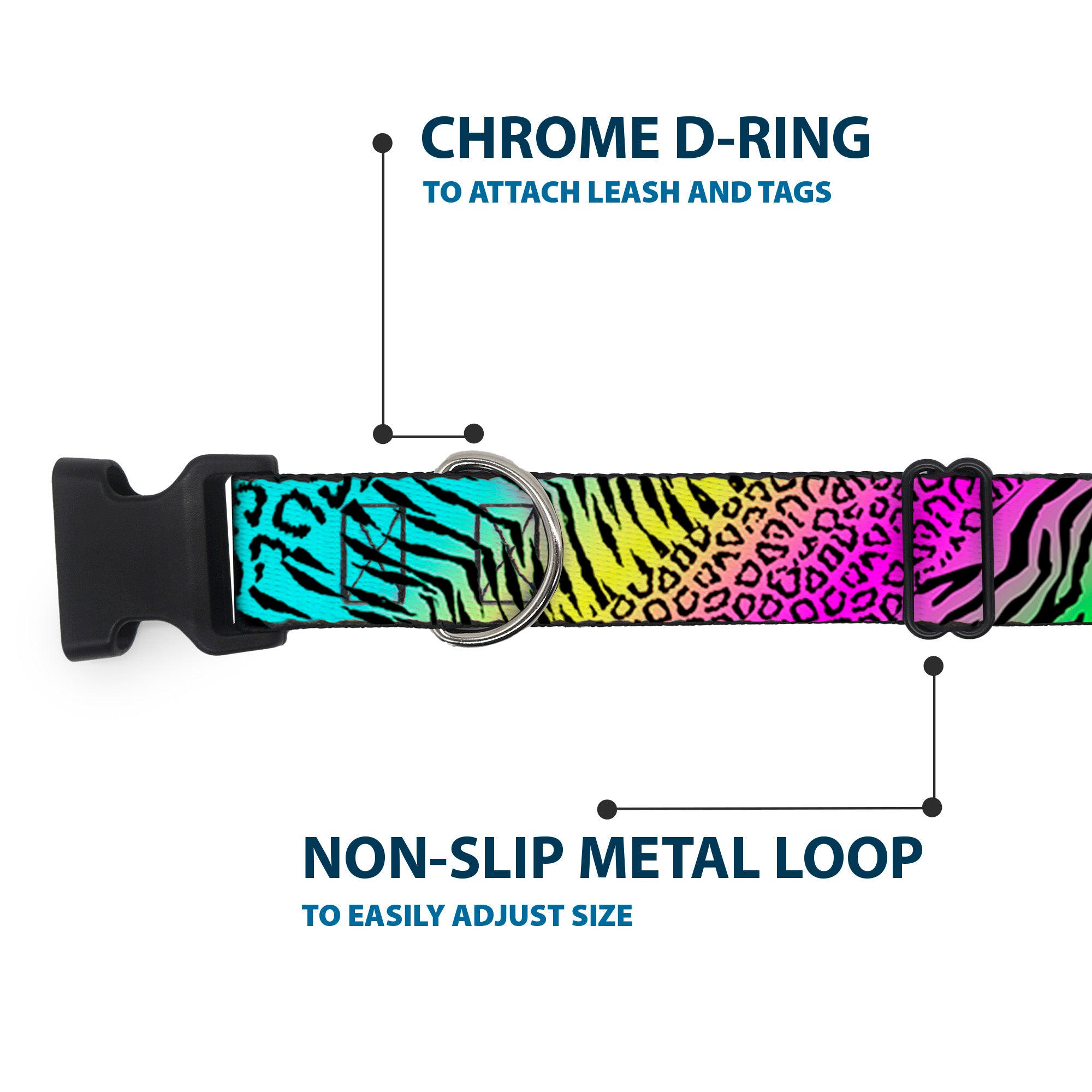 Plastic Clip Collar - Animal Skins Rainbow/Black Plastic Clip Collars Buckle-Down