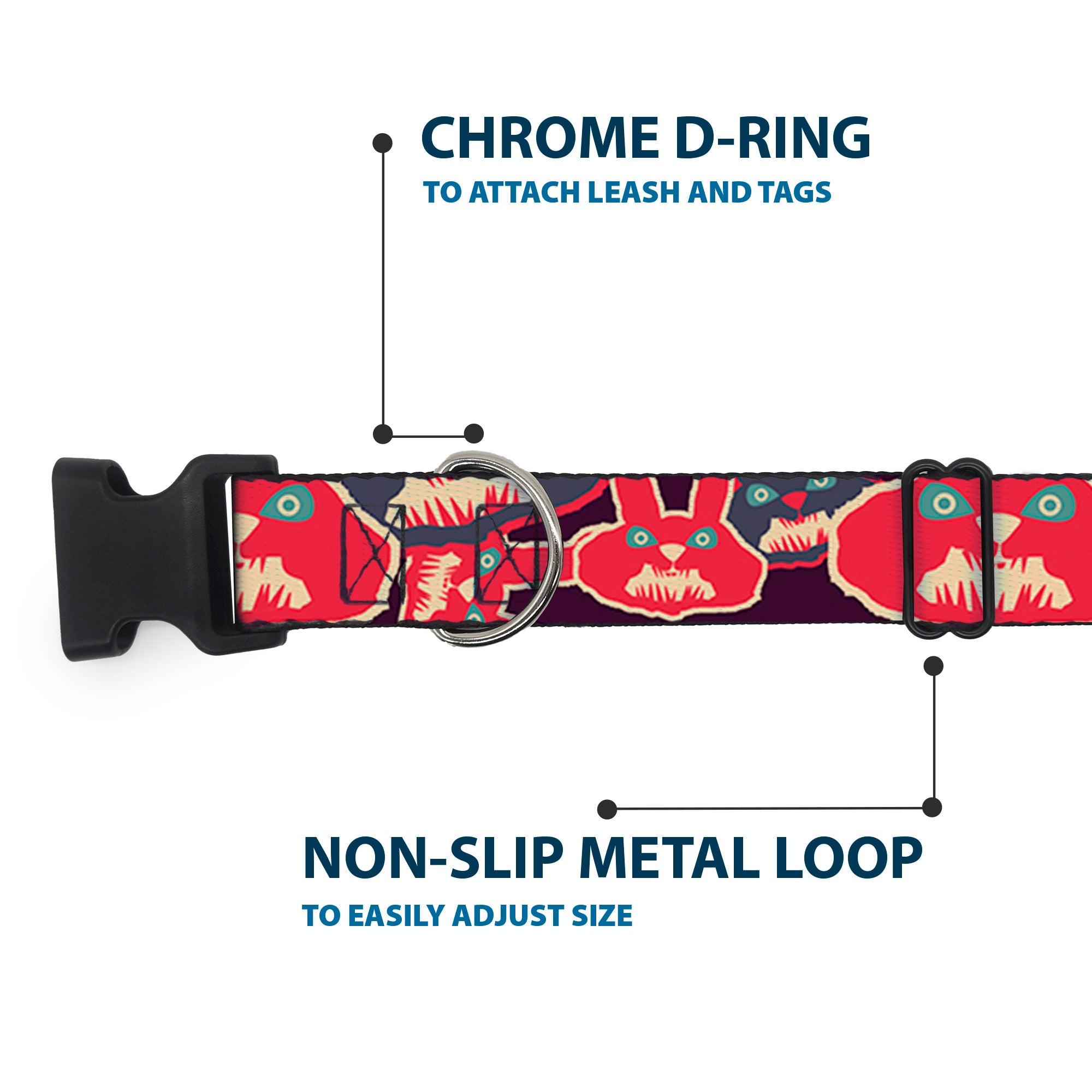 Plastic Clip Collar - Angry Bunnies CLOSE-UP Purple/Red/Blue Plastic Clip Collars Buckle-Down