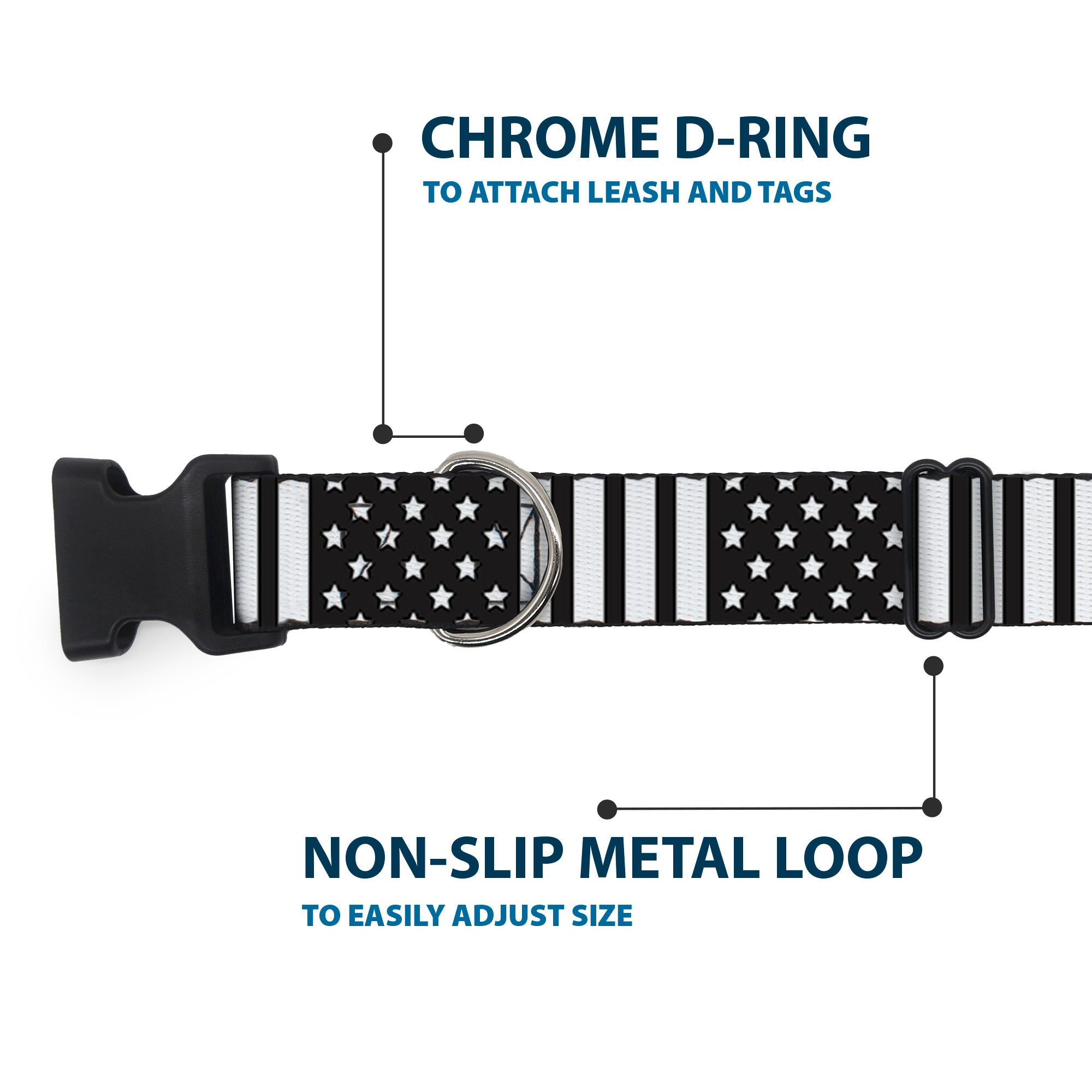 Plastic Clip Collar - American Flag CLOSE-UP Black/White Plastic Clip Collars Buckle-Down