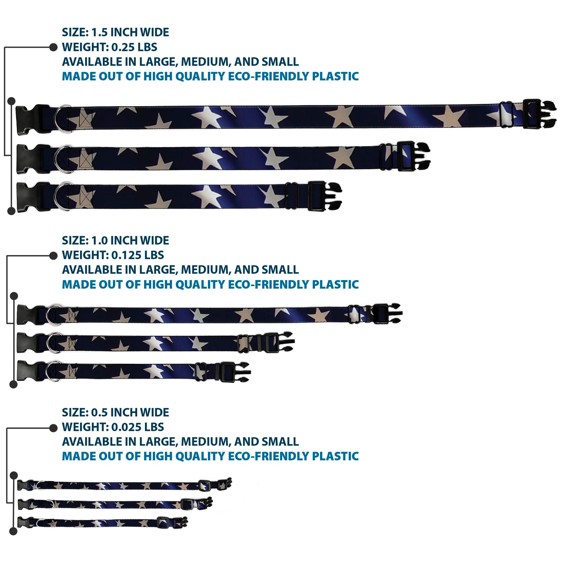 Plastic Clip Collar - American Flag Vivid Stars CLOSE-UP Blue/White Plastic Clip Collars Buckle-Down