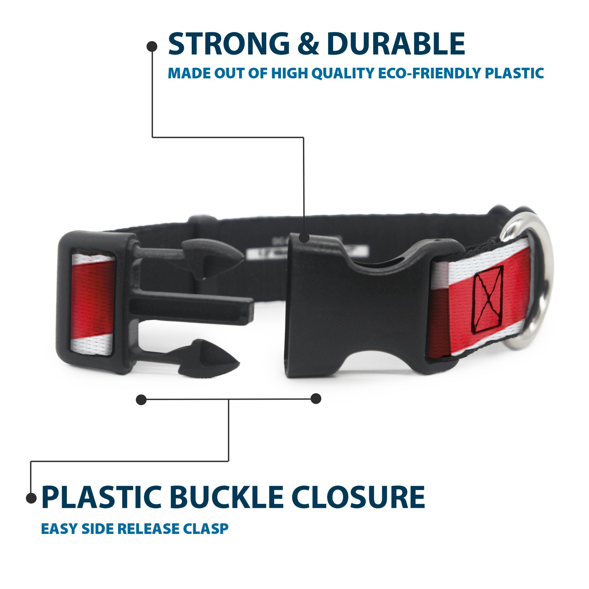 Plastic Clip Collar - American Flag Vivid Stripes CLOSE-UP Red/White Plastic Clip Collars Buckle-Down