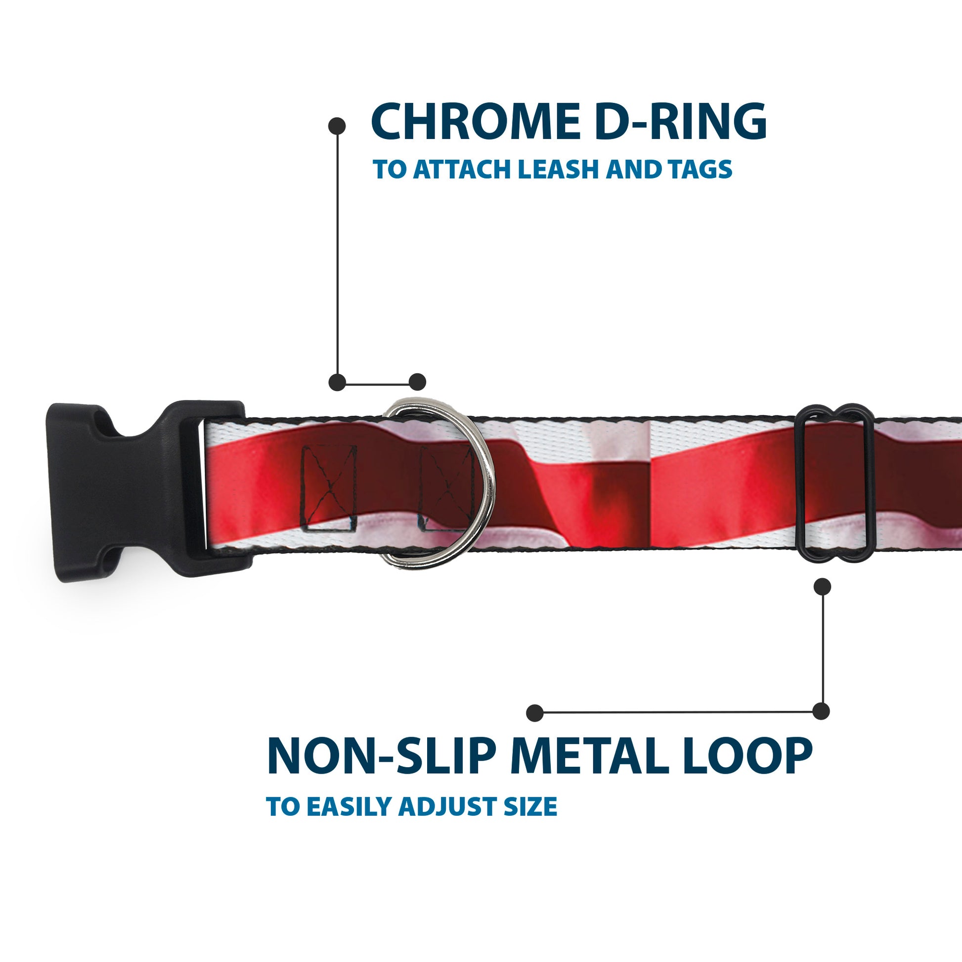 Plastic Clip Collar - American Flag Vivid Stripes CLOSE-UP Red/White Plastic Clip Collars Buckle-Down