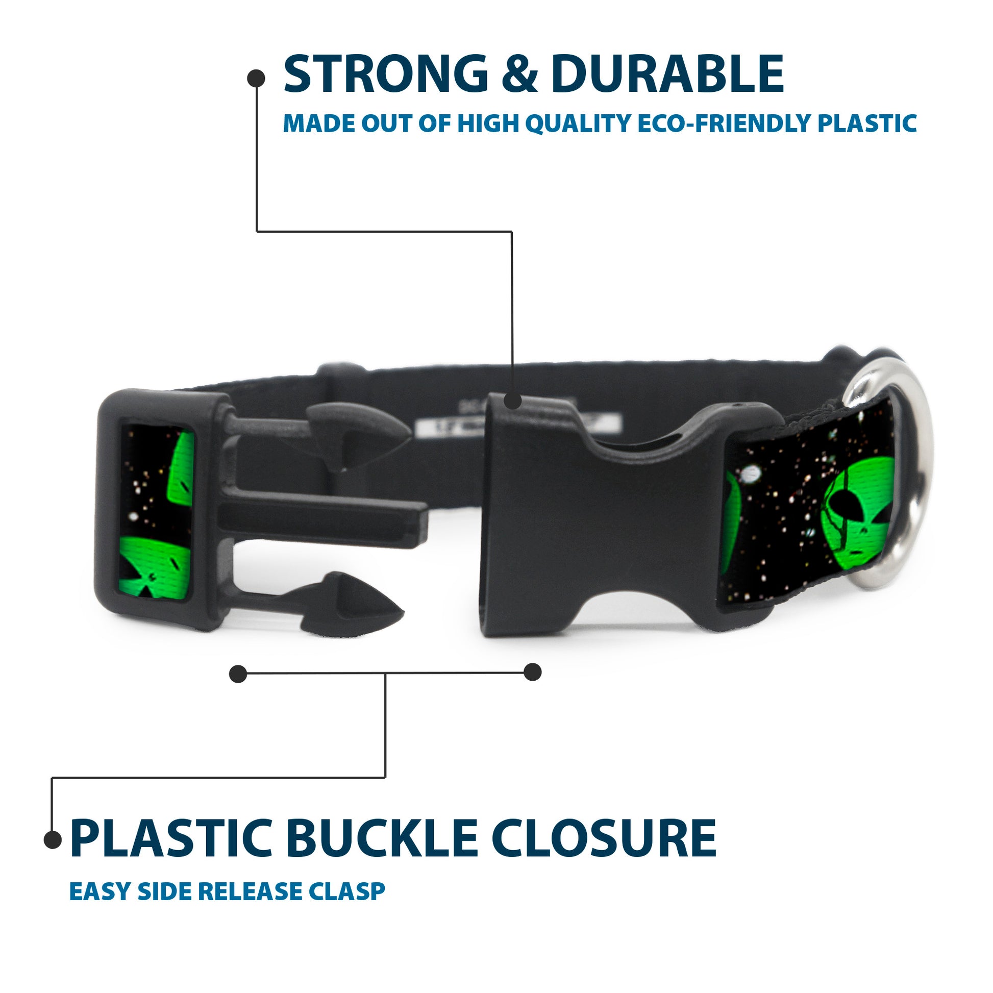 Plastic Clip Collar - Aliens Head Scattered Galaxy2/Green/Black Plastic Clip Collars Buckle-Down
