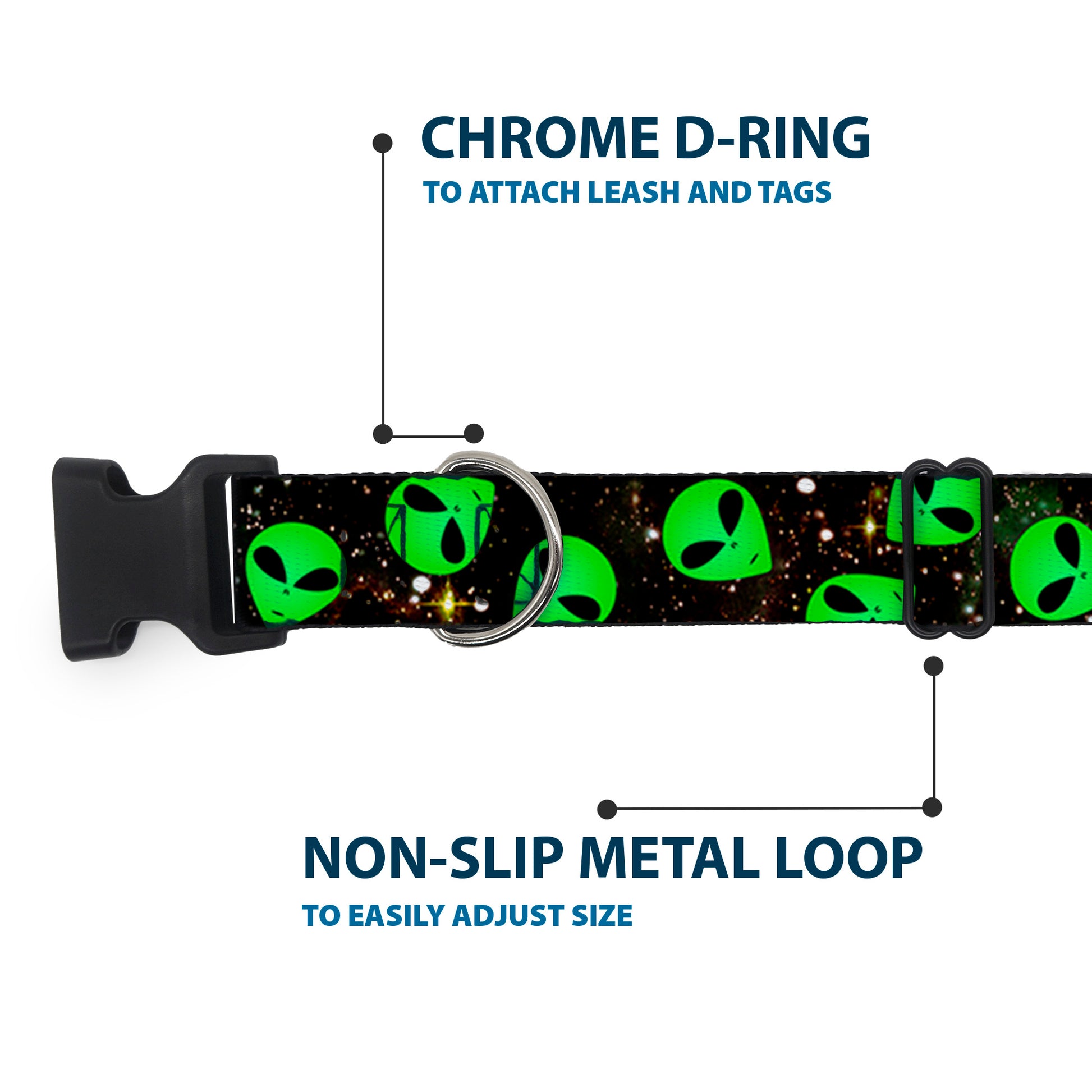 Plastic Clip Collar - Aliens Head Scattered Galaxy2/Green/Black Plastic Clip Collars Buckle-Down