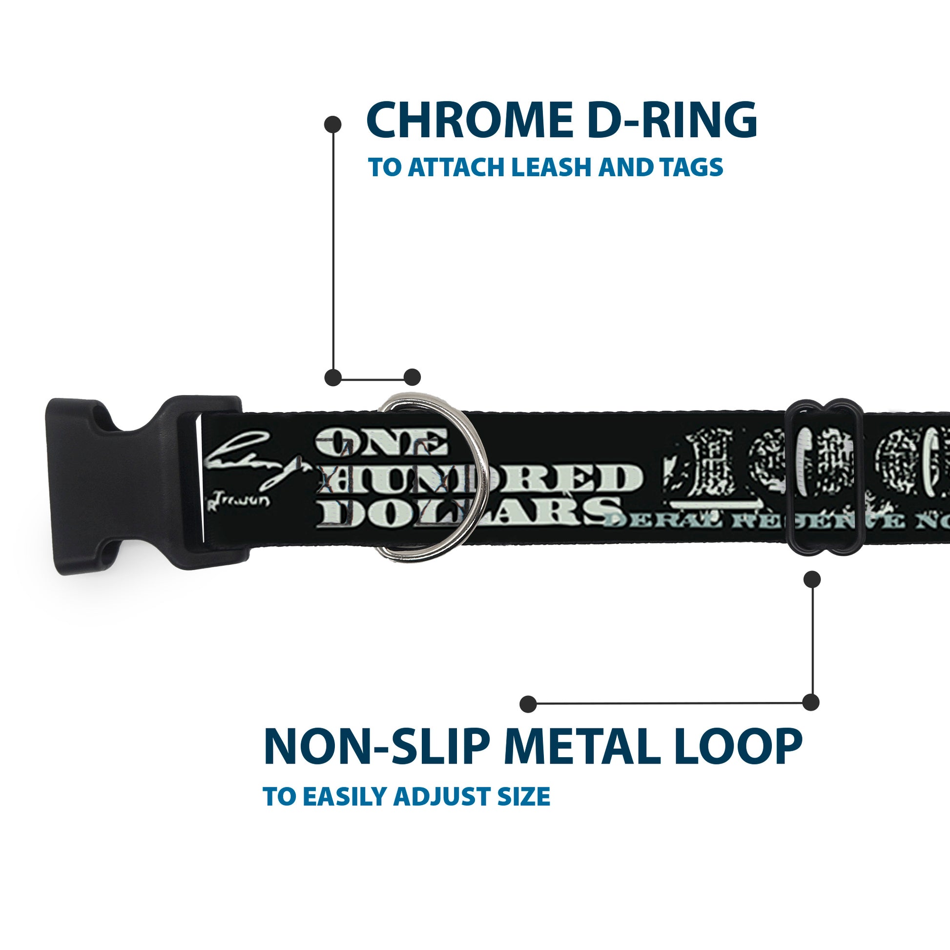Plastic Clip Collar - Americana One Hundred Dollar Bill Elements Black/Gray Plastic Clip Collars Buckle-Down