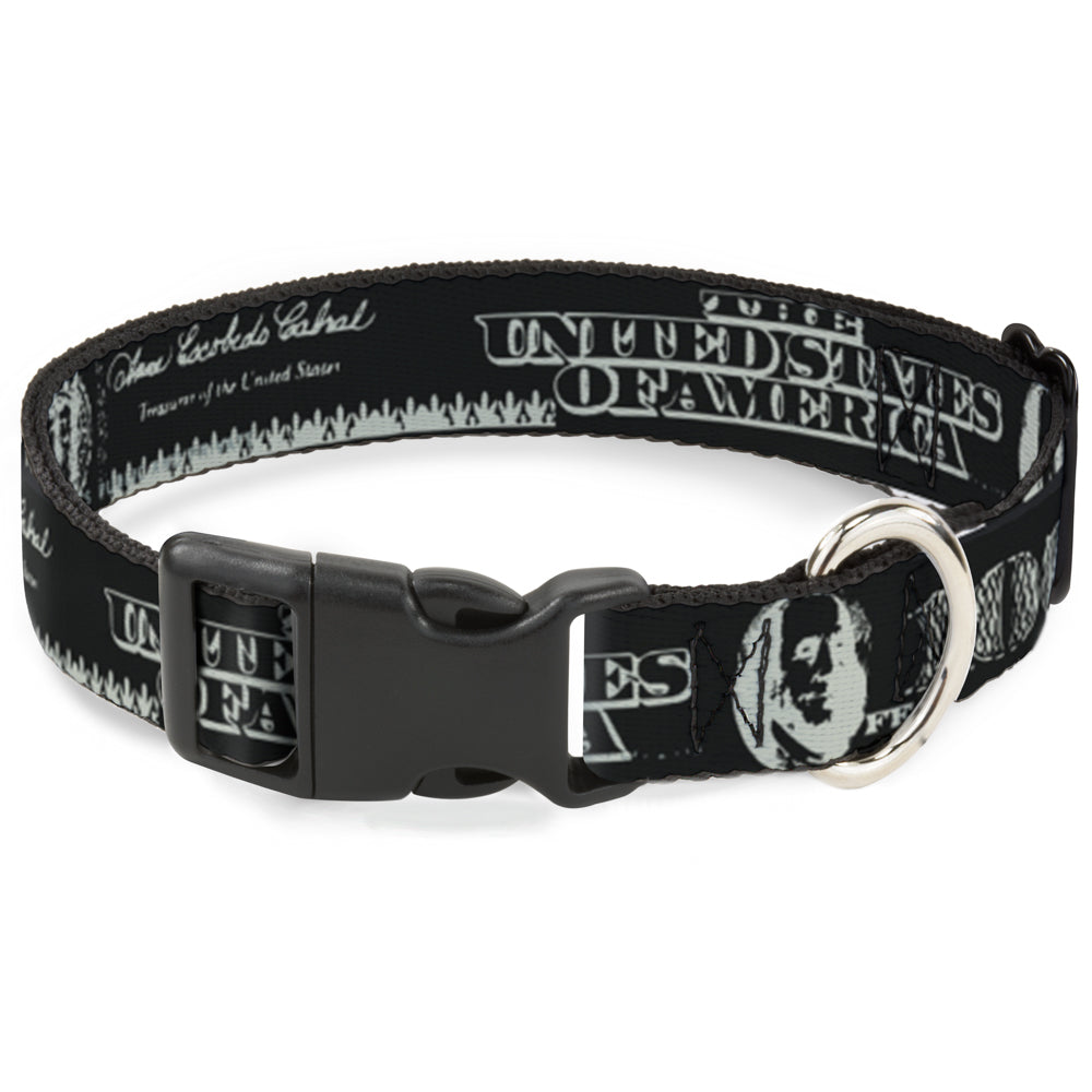Plastic Clip Collar - Americana One Hundred Dollar Bill Elements Black/Gray Plastic Clip Collars Buckle-Down
