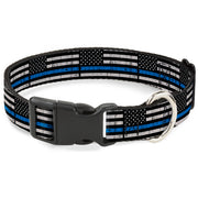 Plastic Clip Collar - Thin Blue Line Flag Weathered Black/Gray/Blue Plastic Clip Collars Buckle-Down