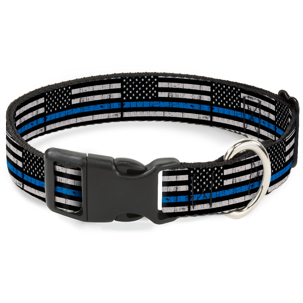 Plastic Clip Collar - Thin Blue Line Flag Weathered Black/Gray/Blue Plastic Clip Collars Buckle-Down