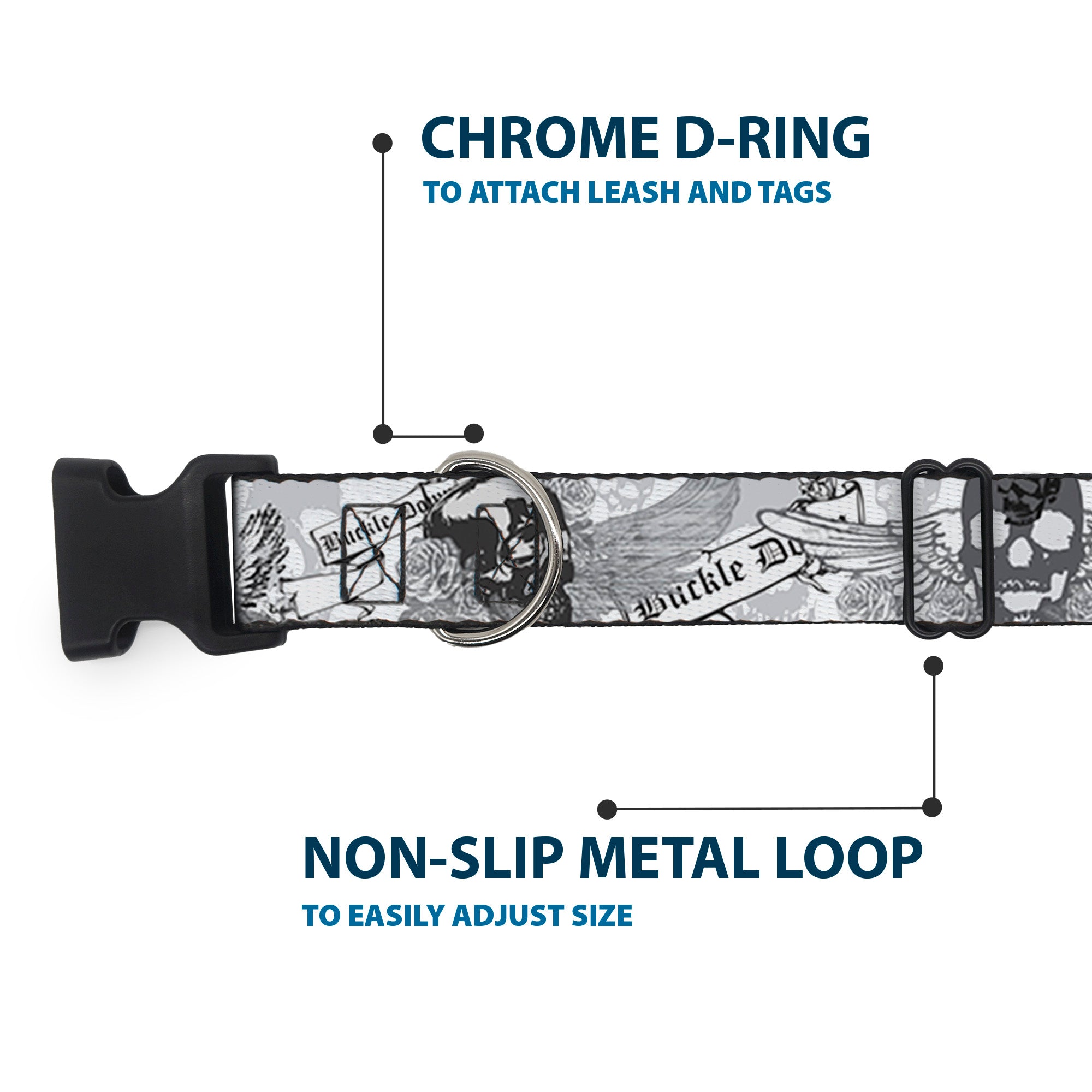 Plastic Clip Collar - BD Skull w/Roses Plastic Clip Collars Buckle-Down