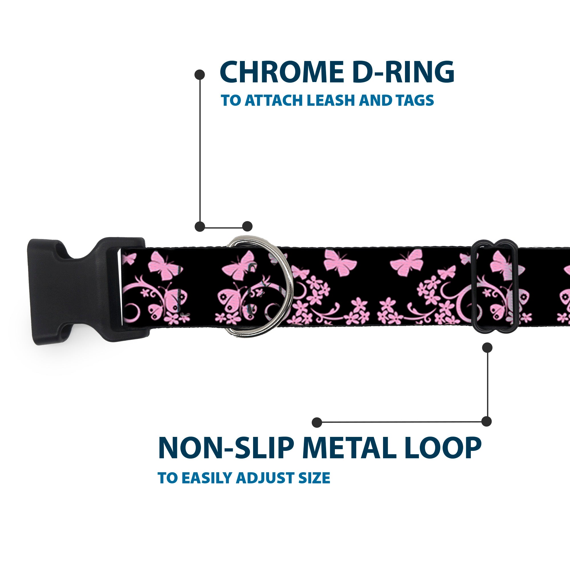 Plastic Clip Collar - Butterfly Garden Black/Pink Plastic Clip Collars Buckle-Down