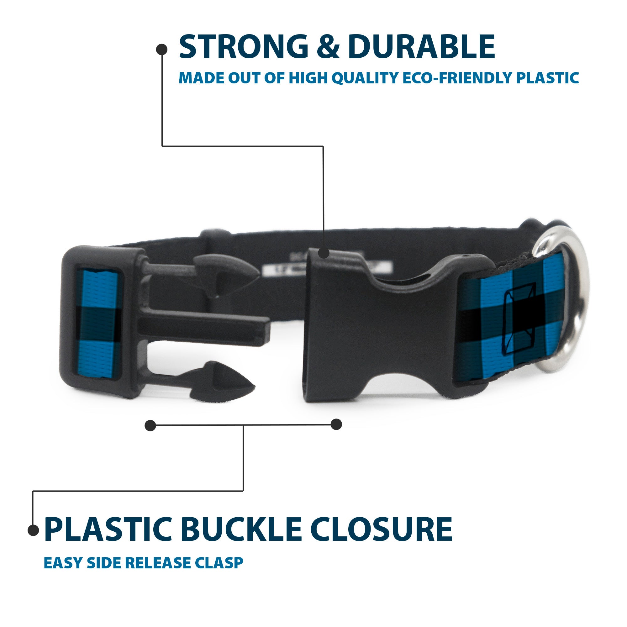 Plastic Clip Collar - Buffalo Plaid Black/Turquoise Plastic Clip Collars Buckle-Down