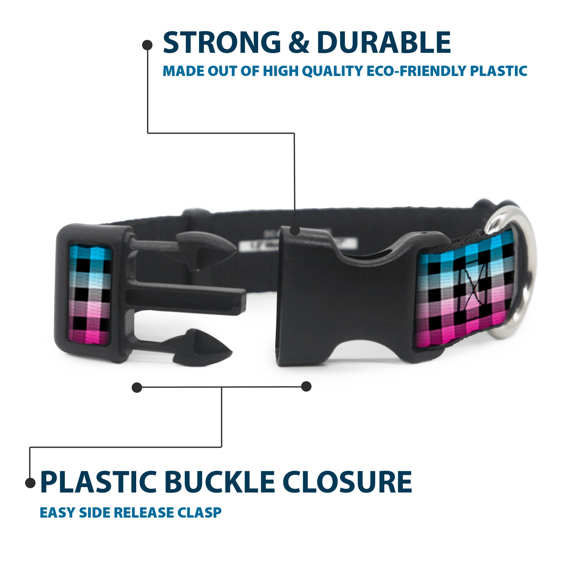 Plastic Clip Collar - Buffalo Plaid Turquoise/Fuchsia Fade Plastic Clip Collars Buckle-Down